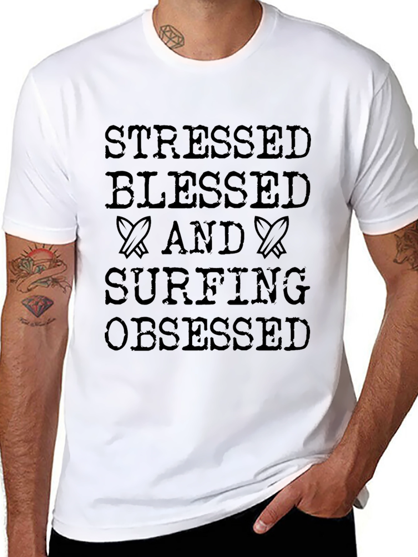 Stressed Blessed Surfing Obsessed Black T-Shirt