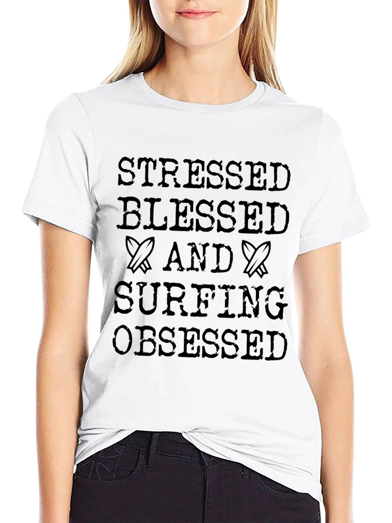 Stressed Blessed Surfing Obsessed Black T-Shirt