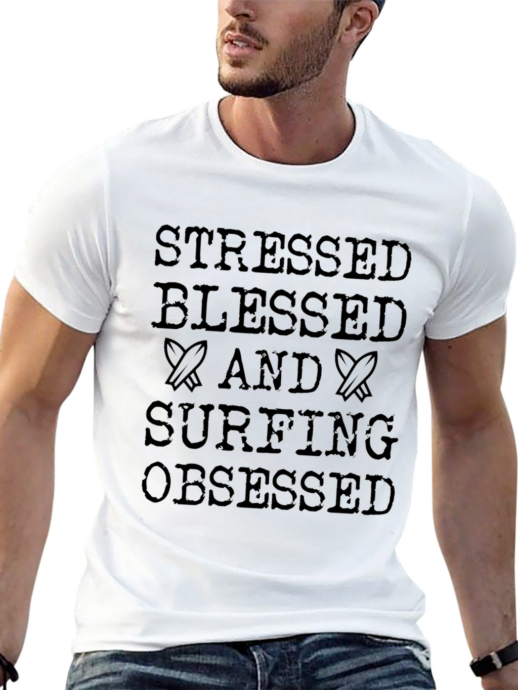 Stressed Blessed Surfing Obsessed Black T-Shirt