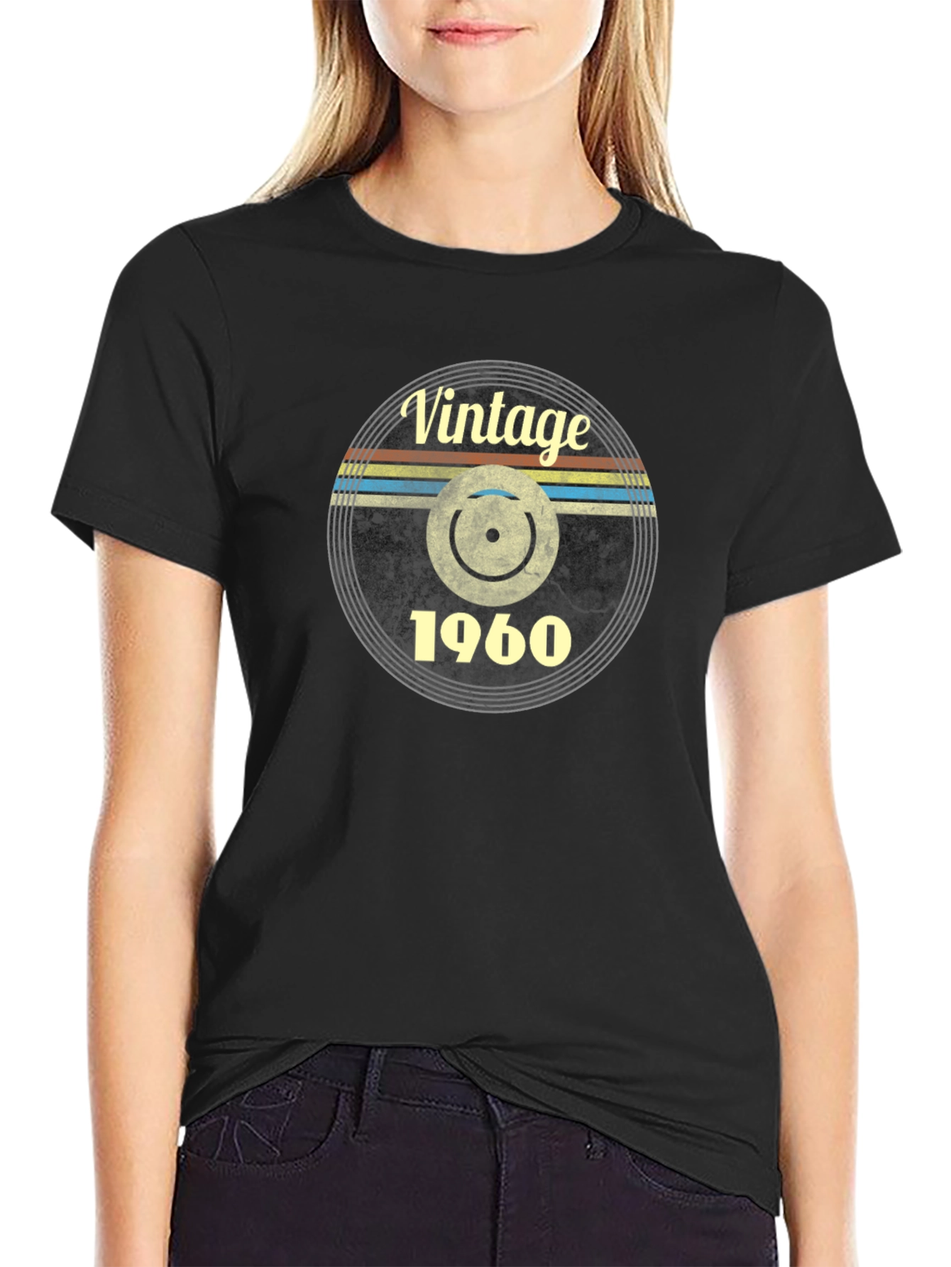 Vintage 1960 Record Design Black T-Shirt