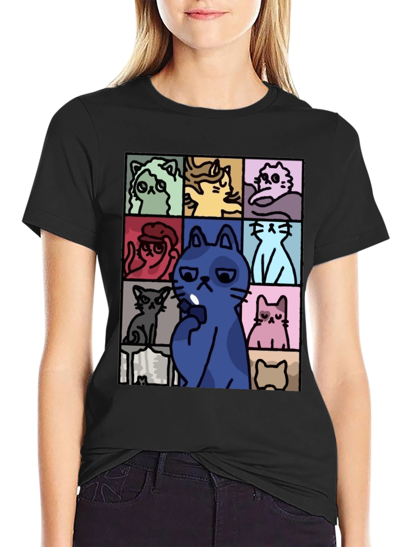 Cats Pattern Black T-Shirt