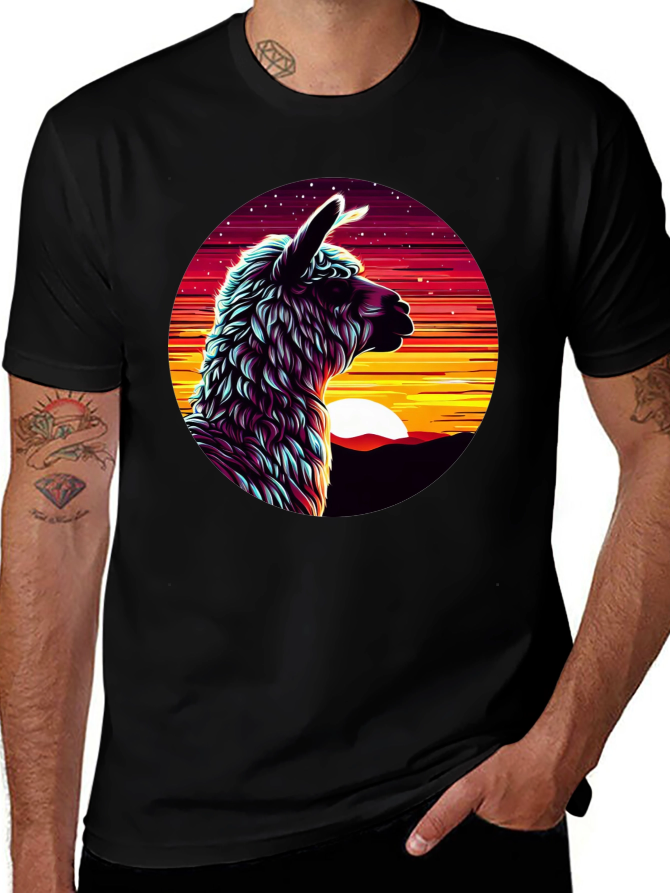 Llama Sunset Graphic Tee - Black Cotton Blend