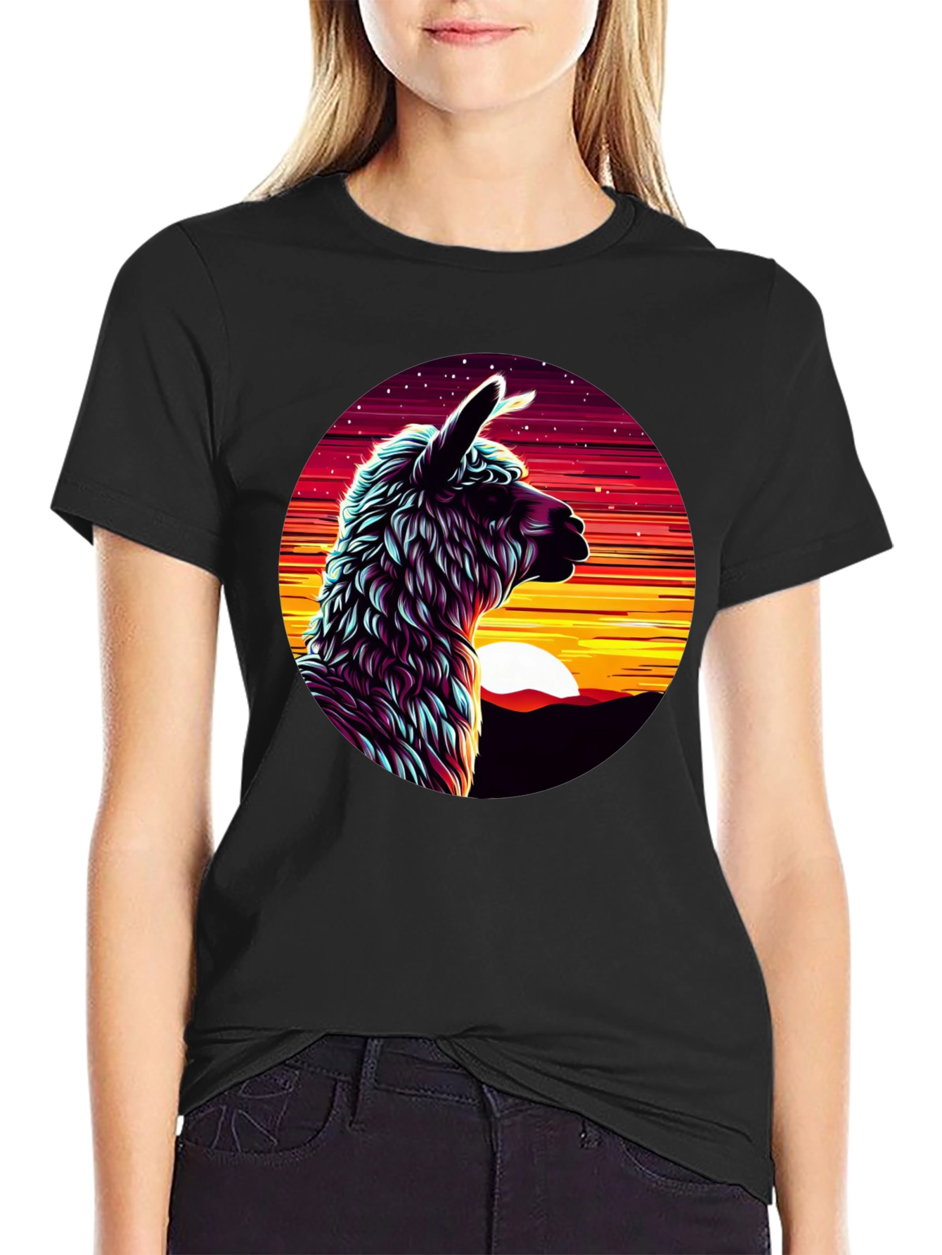 Llama Sunset Graphic Tee - Black Cotton Blend