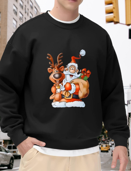 Festive Santa & Reindeer Cartoon Crewneck