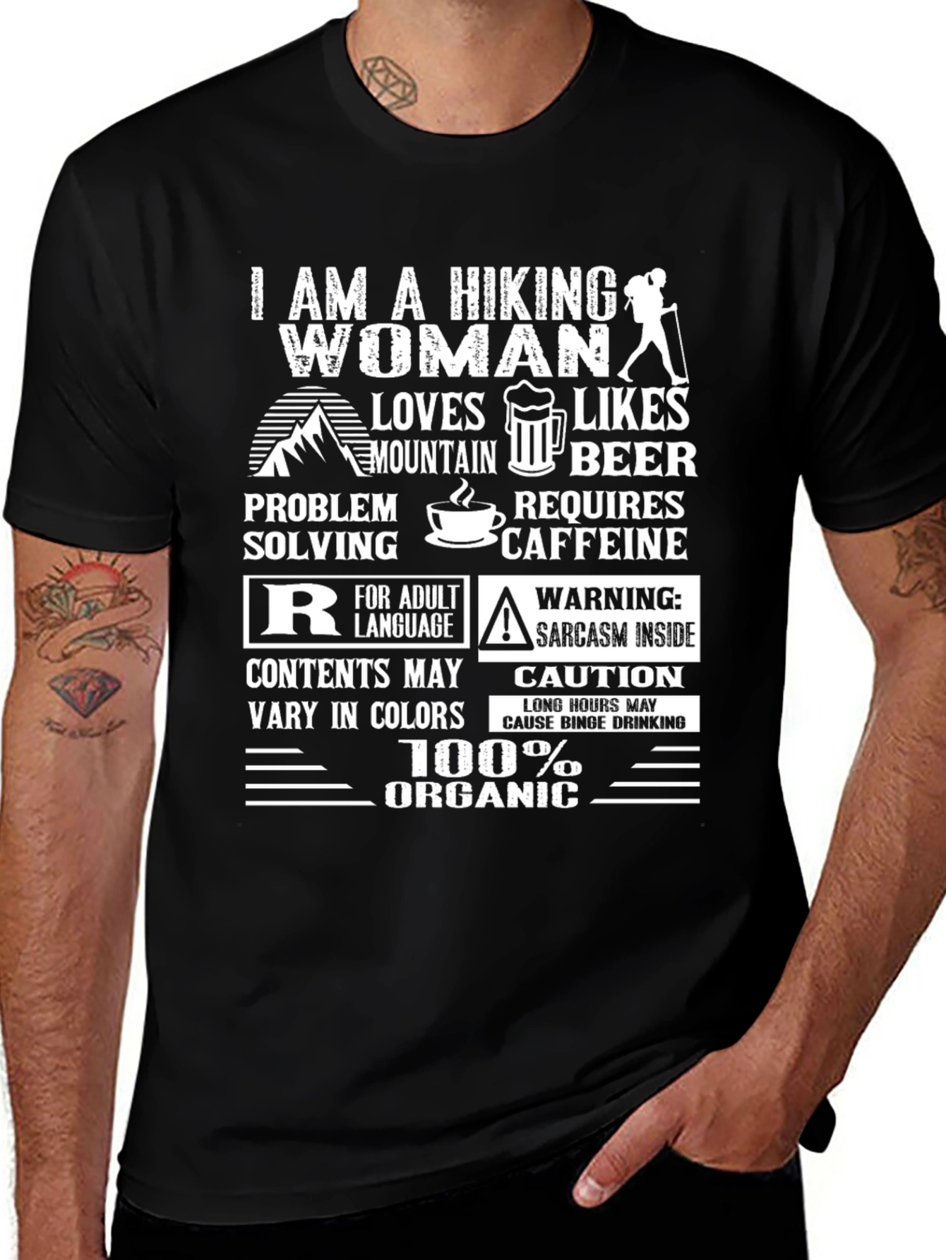Hiking Woman T-Shirt: Mountain Beer Caffeine & Sarcasm!