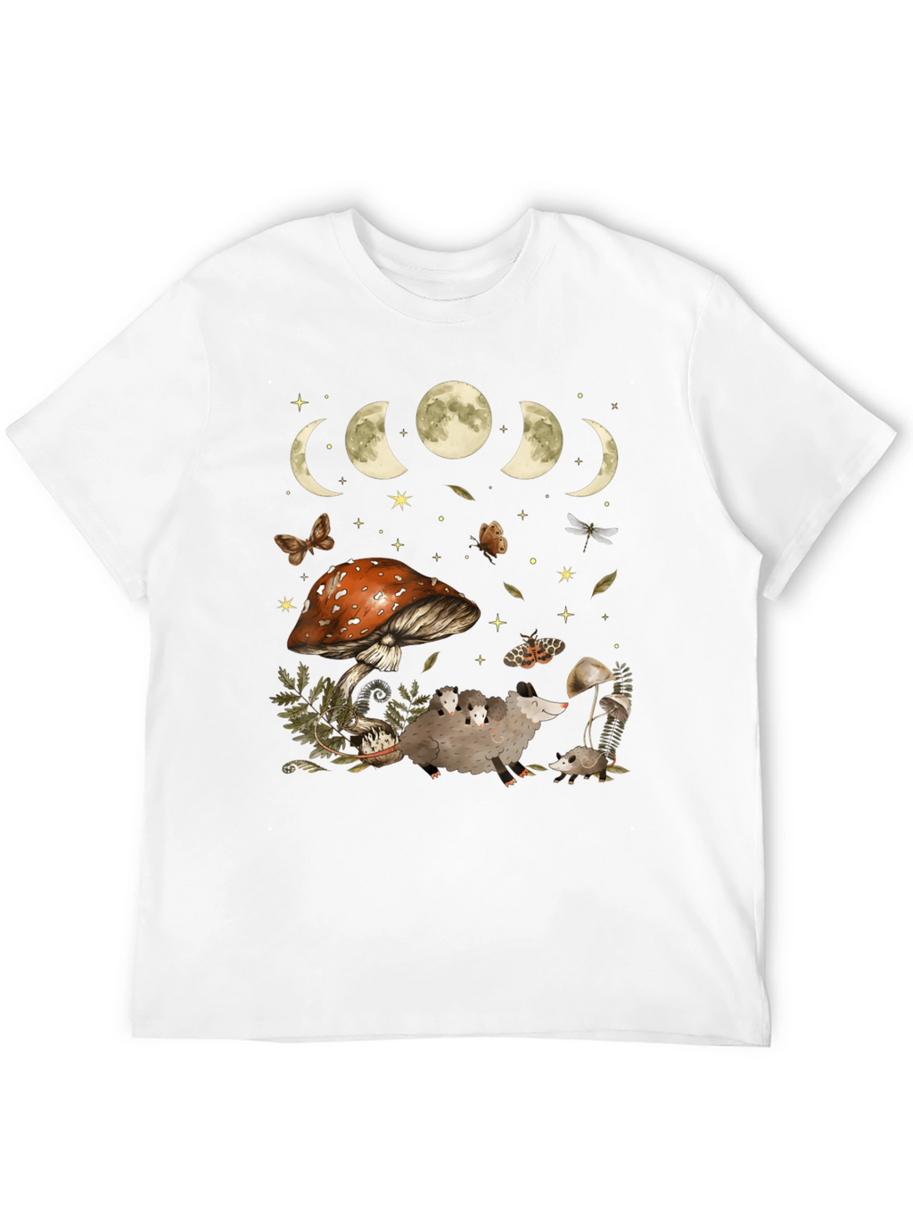 Moon Phases & Mushroom Opossum Graphic T-Shirt