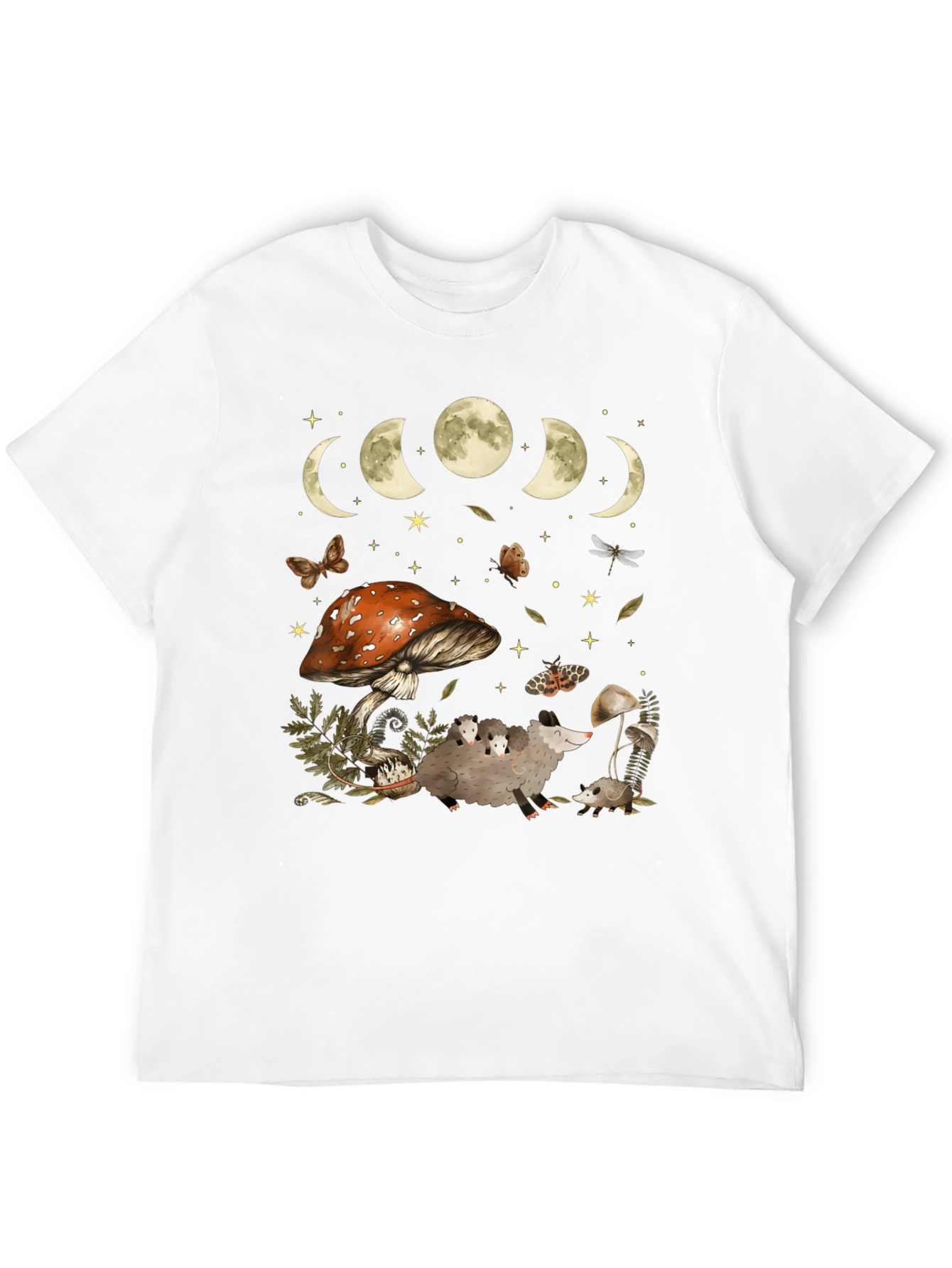 Moon Phases & Mushroom Opossum Graphic T-Shirt