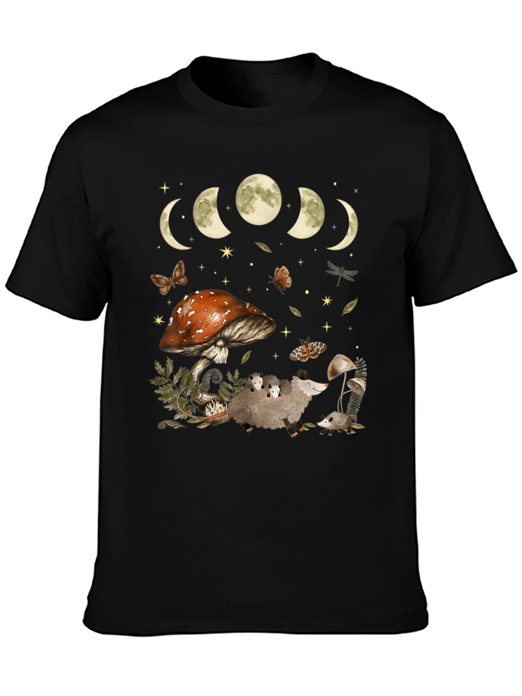 Moon Phases & Mushroom Opossum Graphic T-Shirt