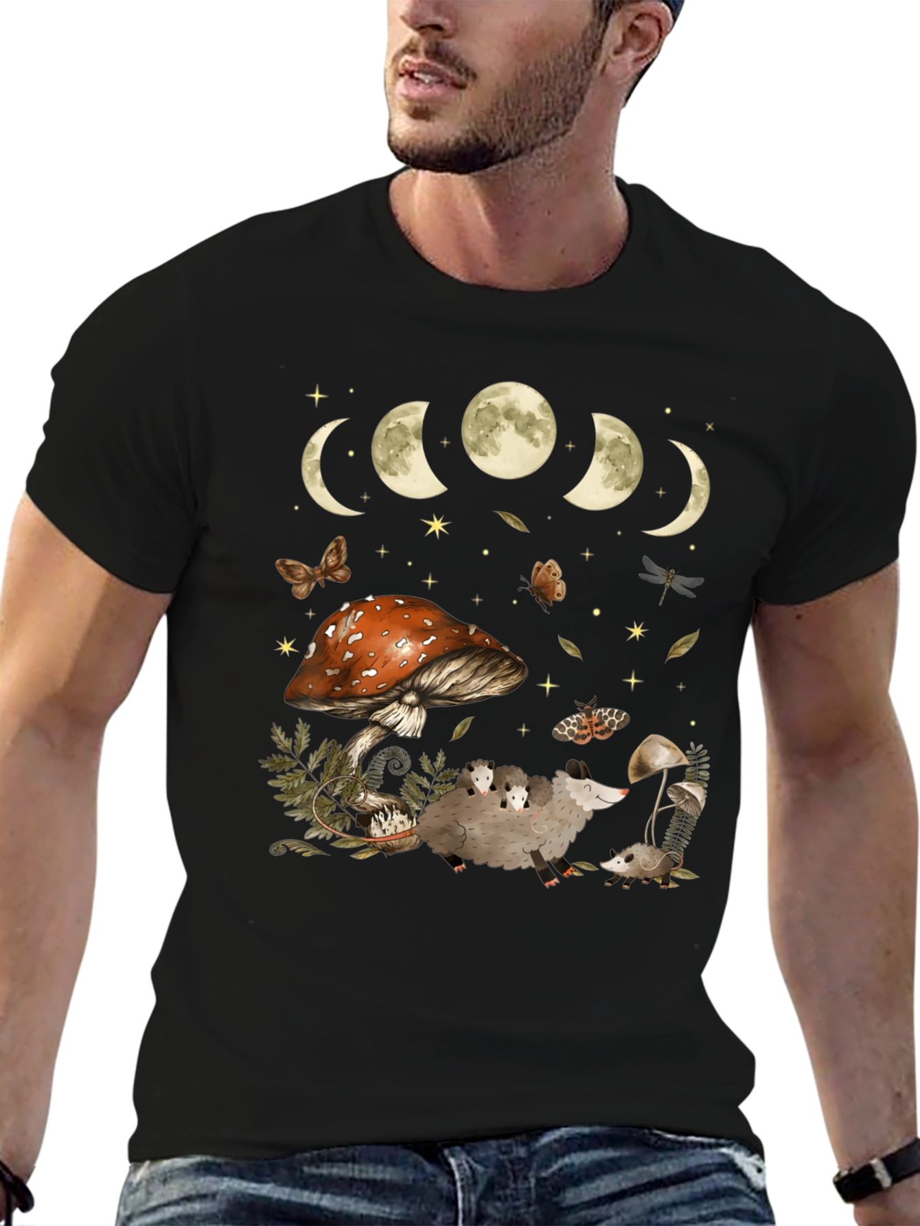 Moon Phases & Mushroom Opossum Graphic T-Shirt