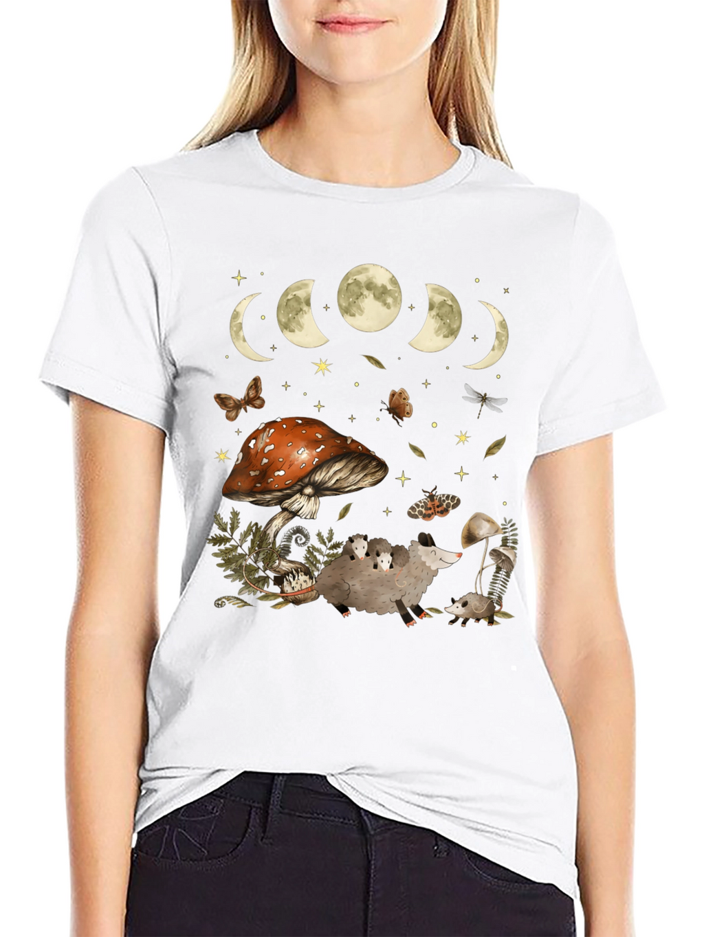 Moon Phases & Mushroom Opossum Graphic T-Shirt