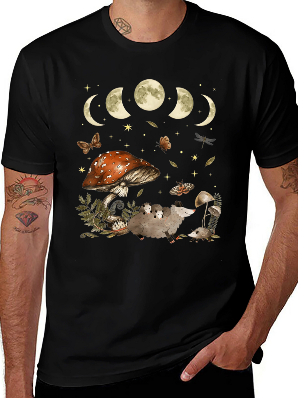 Moon Phases & Mushroom Opossum Graphic T-Shirt
