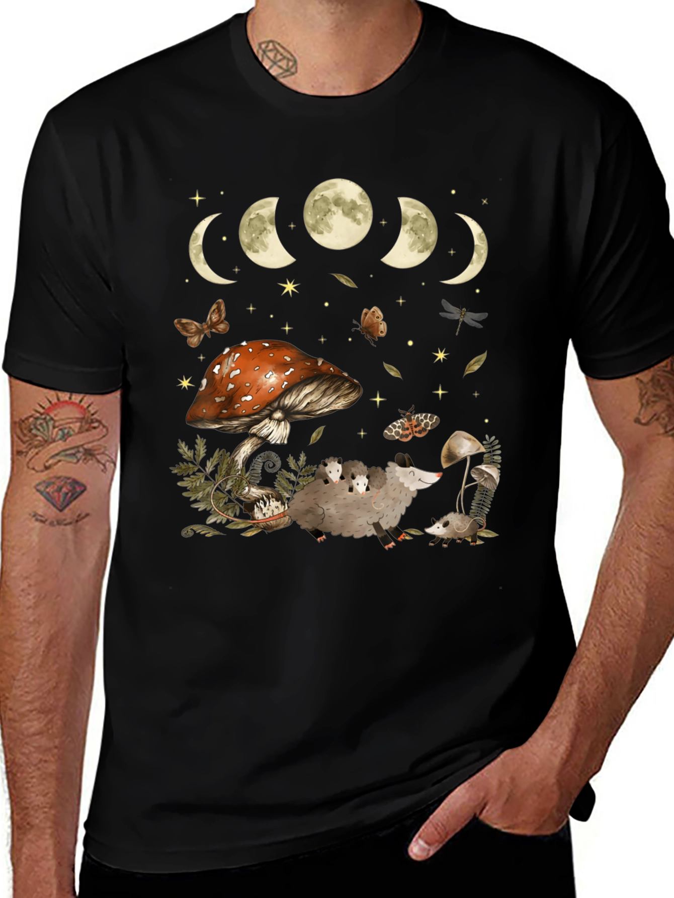 Moon Phases & Mushroom Opossum Graphic T-Shirt