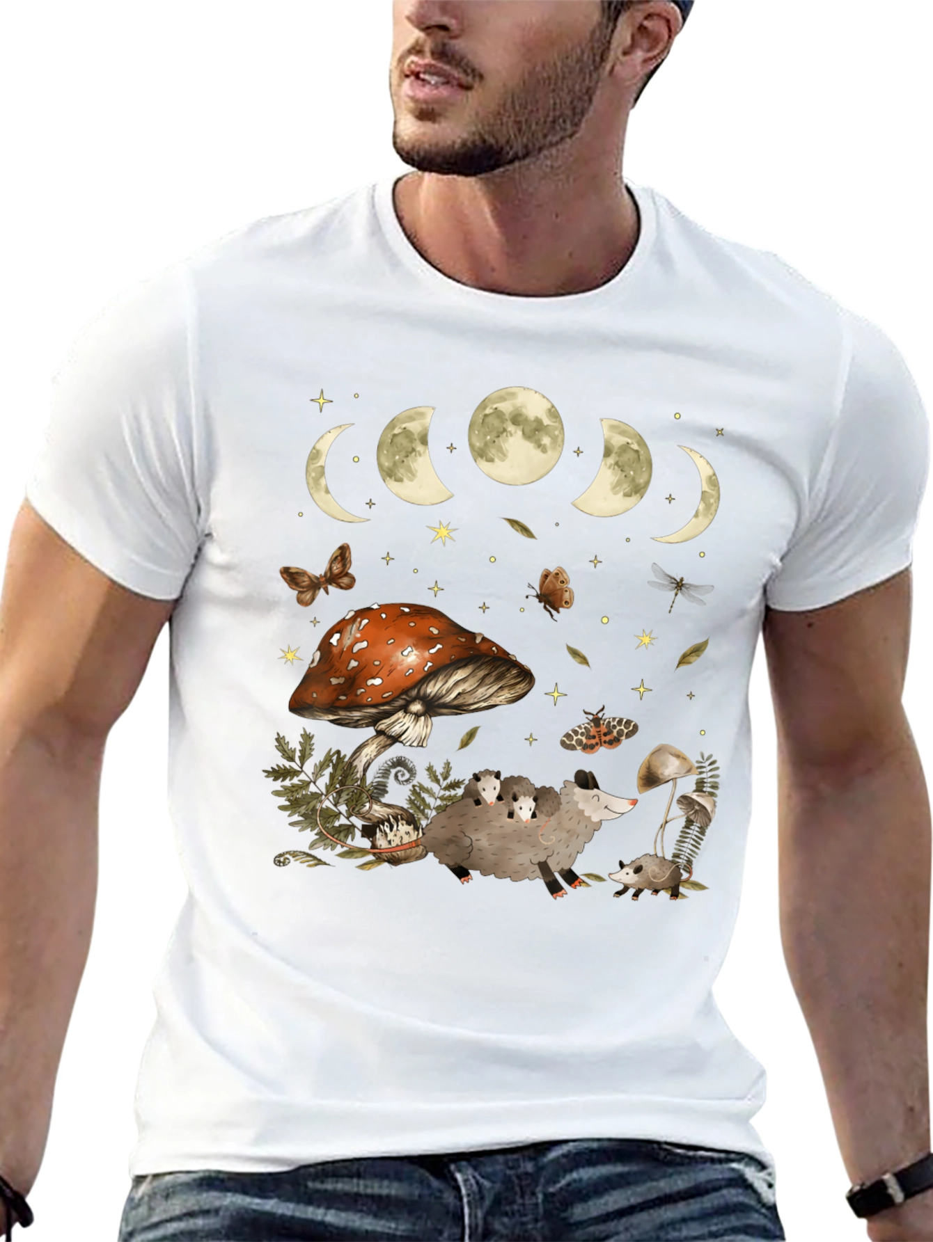 Moon Phases & Mushroom Opossum Graphic T-Shirt