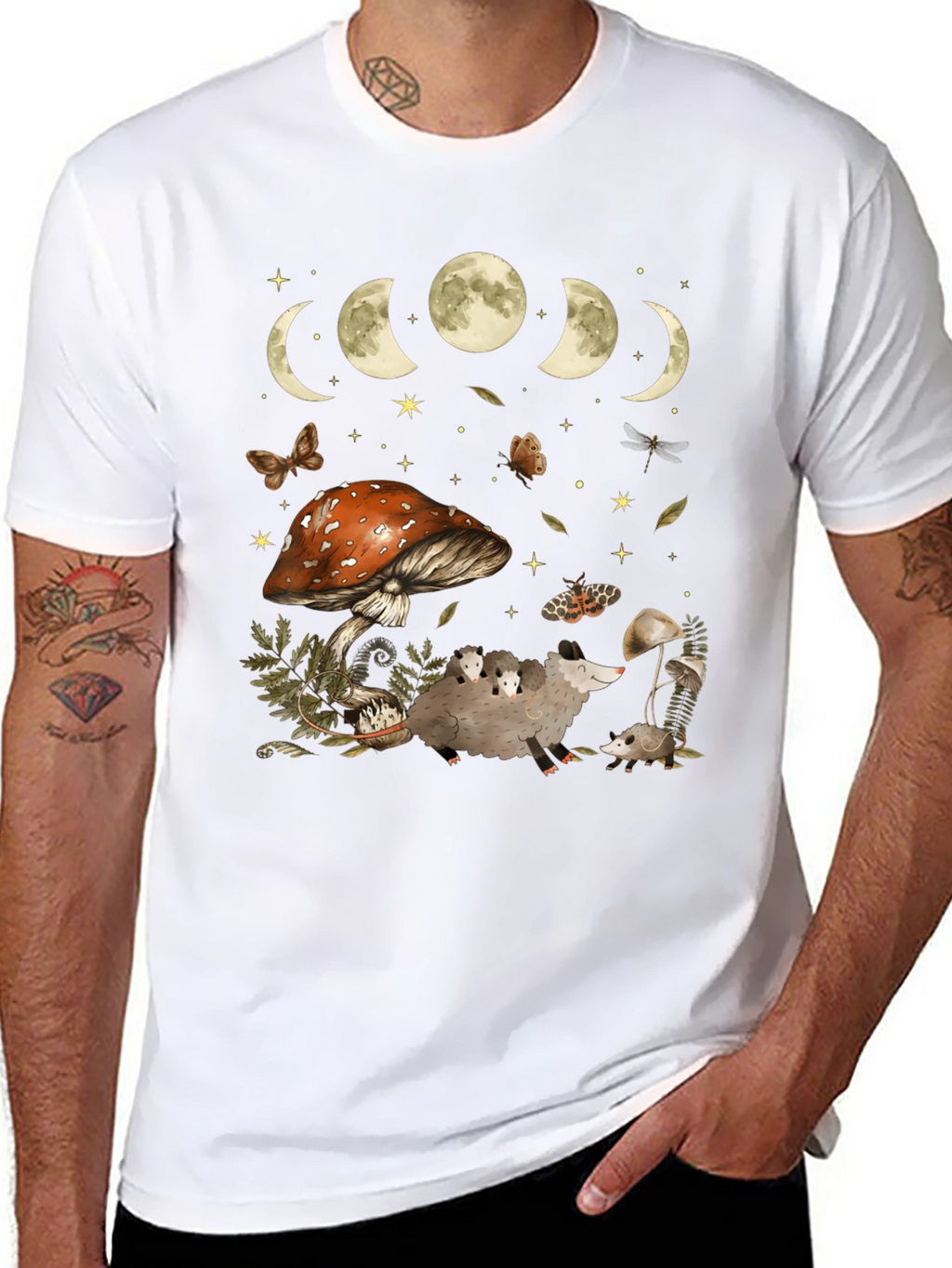 Moon Phases & Mushroom Opossum Graphic T-Shirt