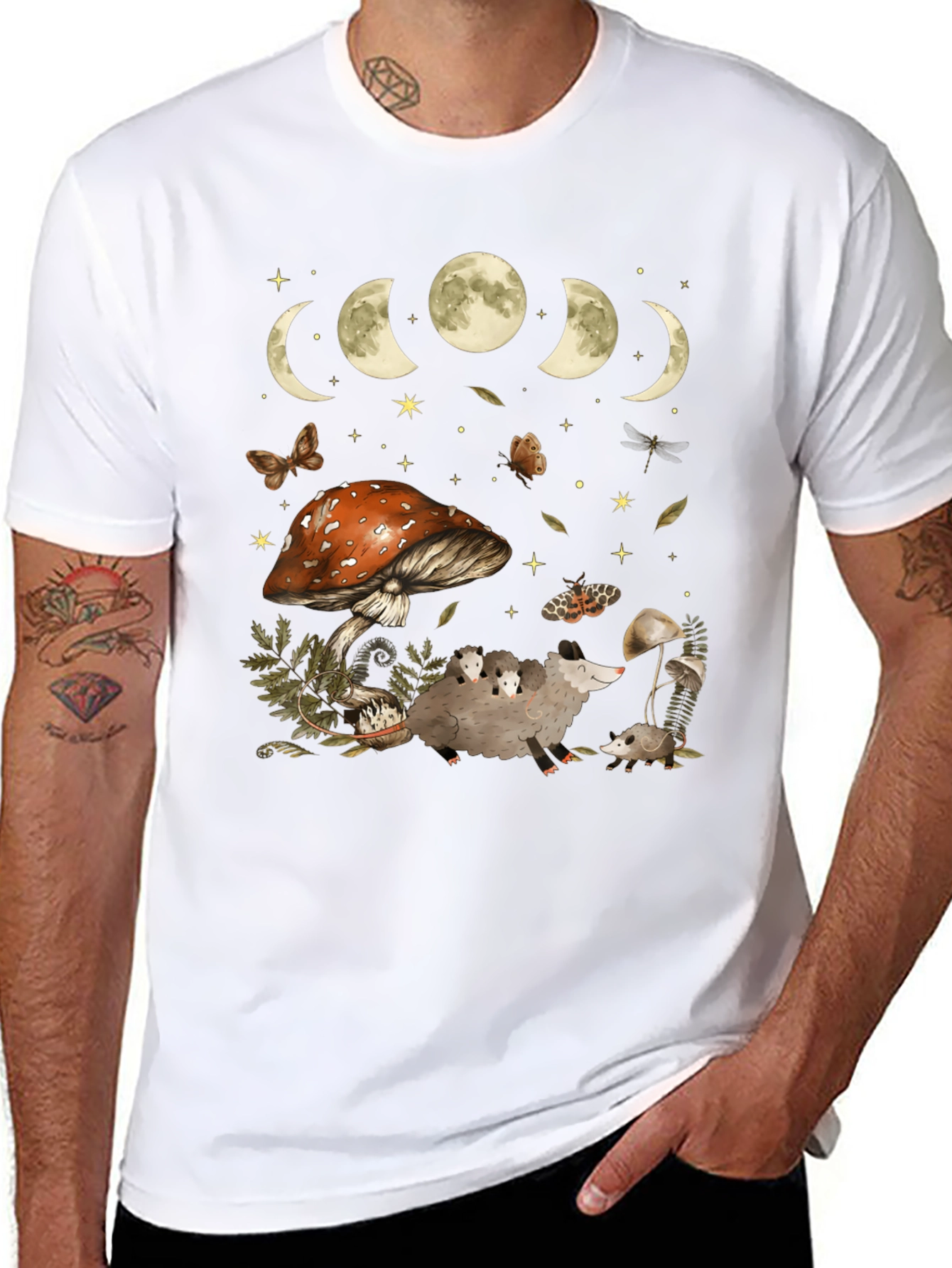 Moon Phases & Mushroom Opossum Graphic T-Shirt