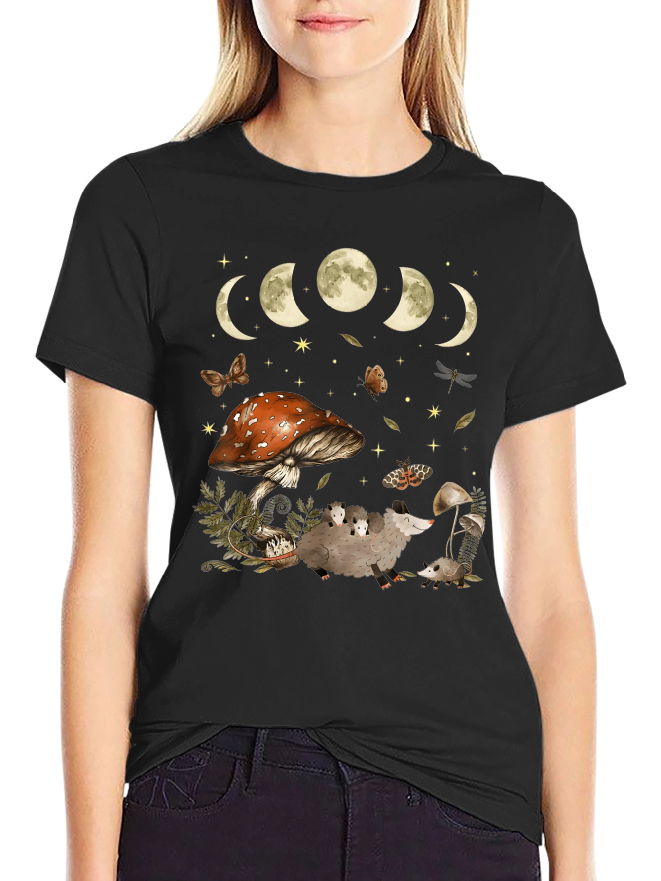 Moon Phases & Mushroom Opossum Graphic T-Shirt