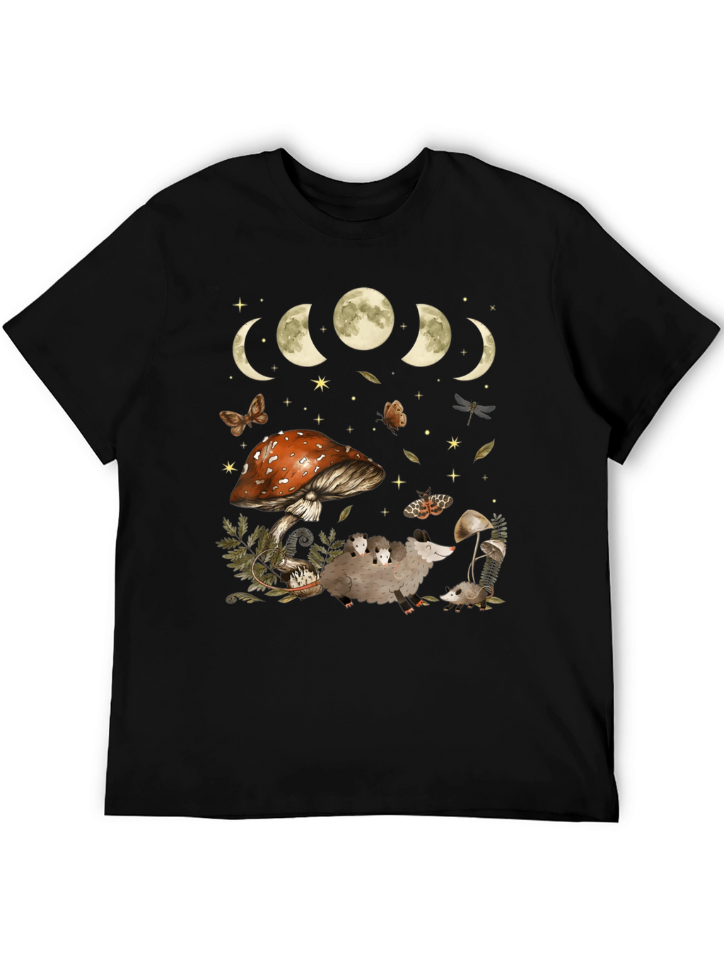 Moon Phases & Mushroom Opossum Graphic T-Shirt