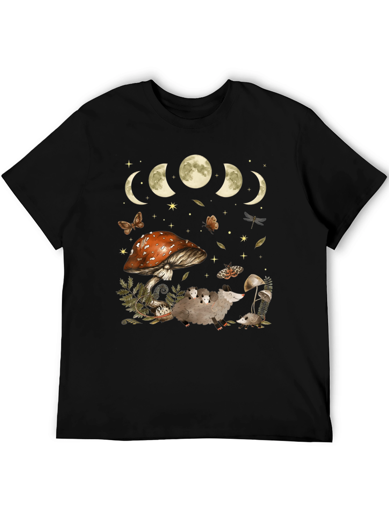 Moon Phases & Mushroom Opossum Graphic T-Shirt