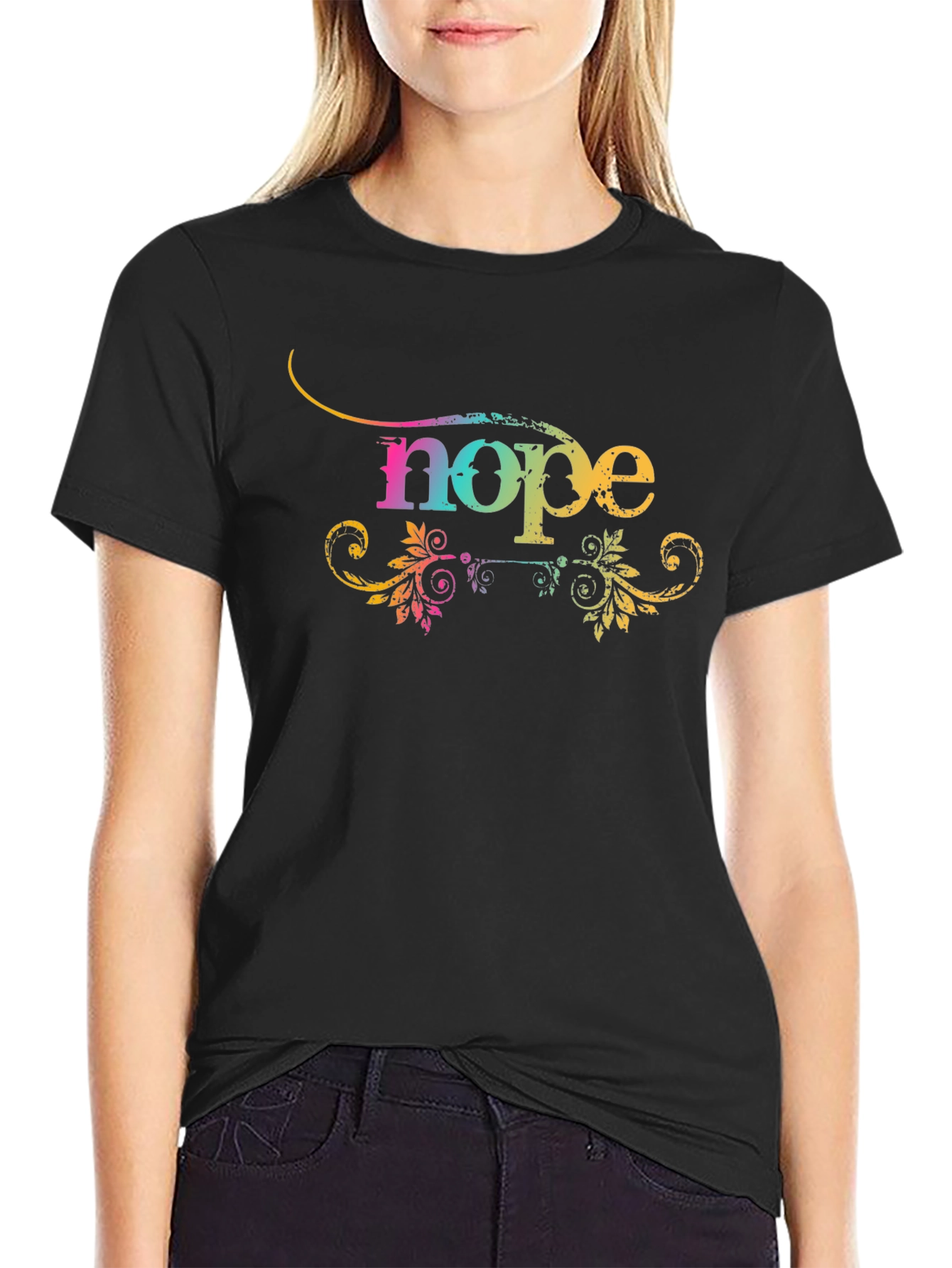 Colorful Nope Graphic Print Black T-Shirt