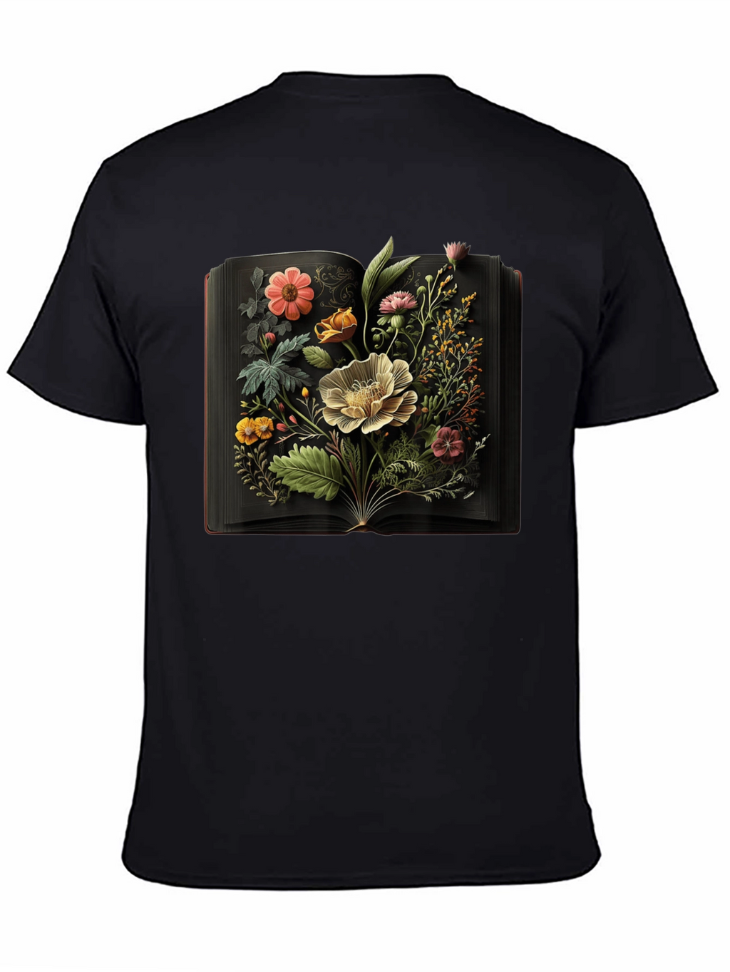 Floral Book T-Shirt: Artistic Black Tee
