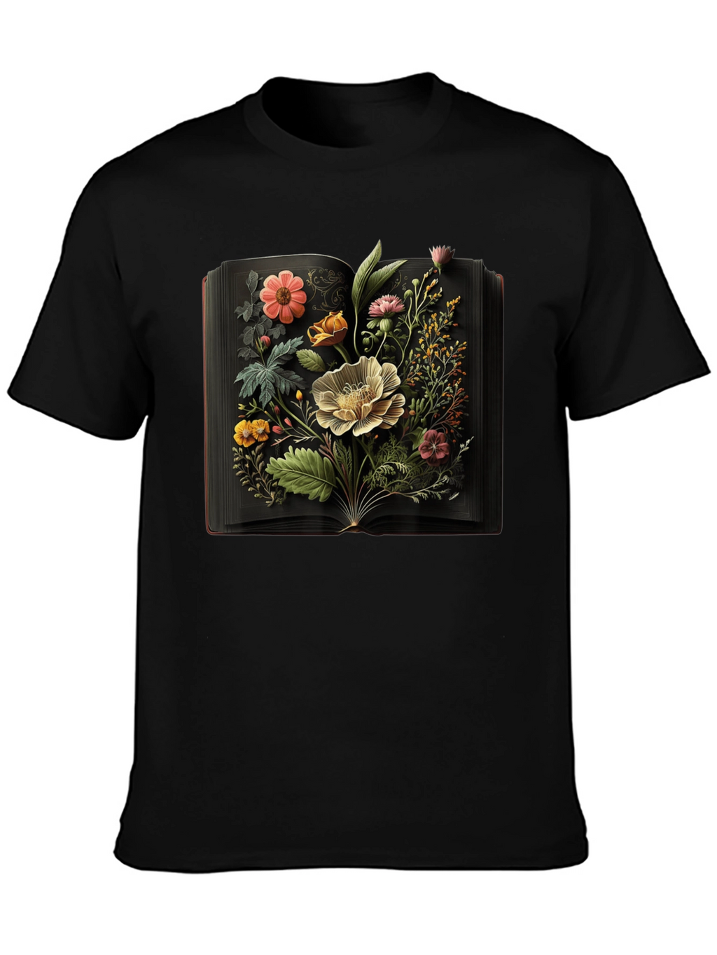 Floral Book T-Shirt: Artistic Black Tee