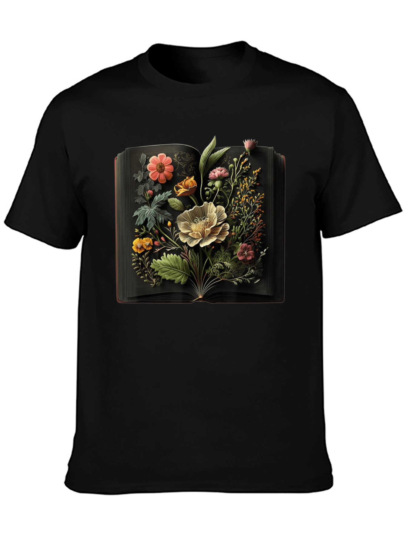 Floral Book T-Shirt: Artistic Black Tee