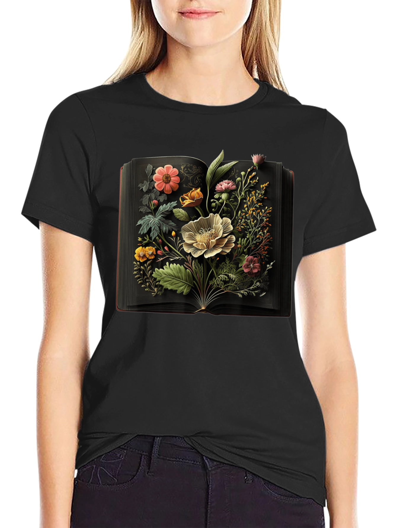 Floral Book T-Shirt: Artistic Black Tee