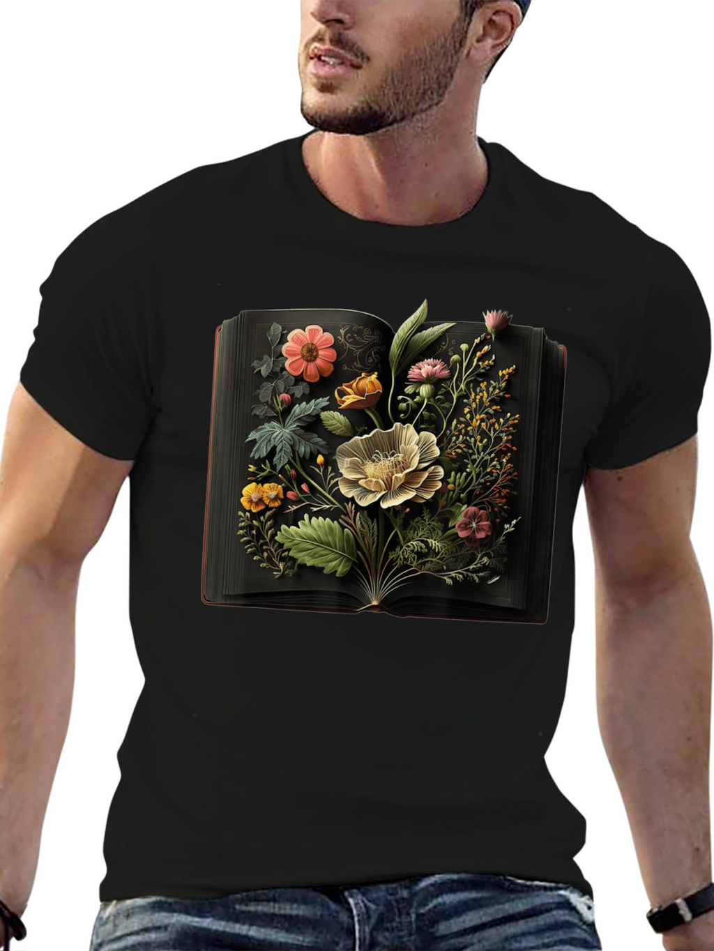 Floral Book T-Shirt: Artistic Black Tee