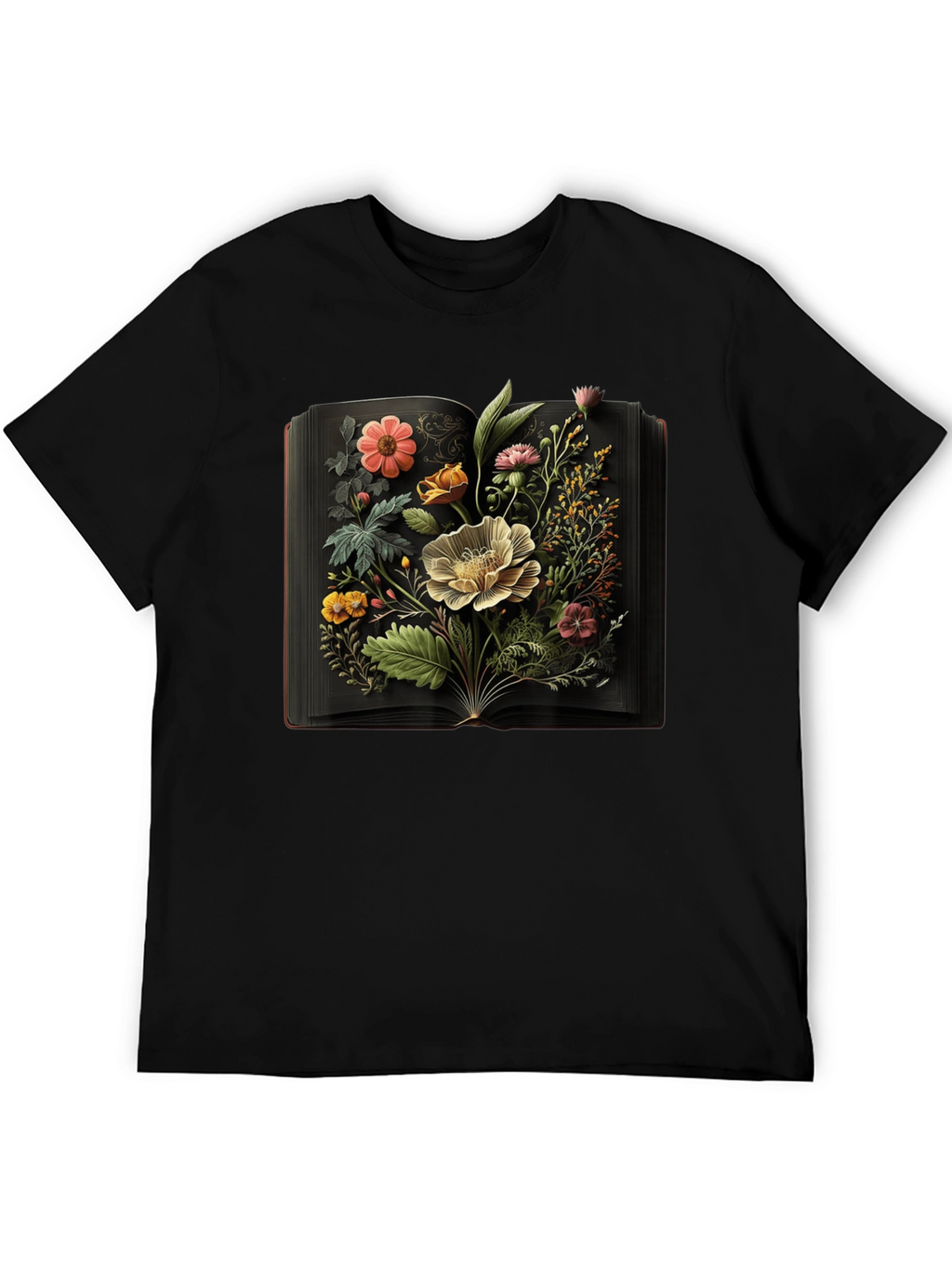 Floral Book T-Shirt: Artistic Black Tee