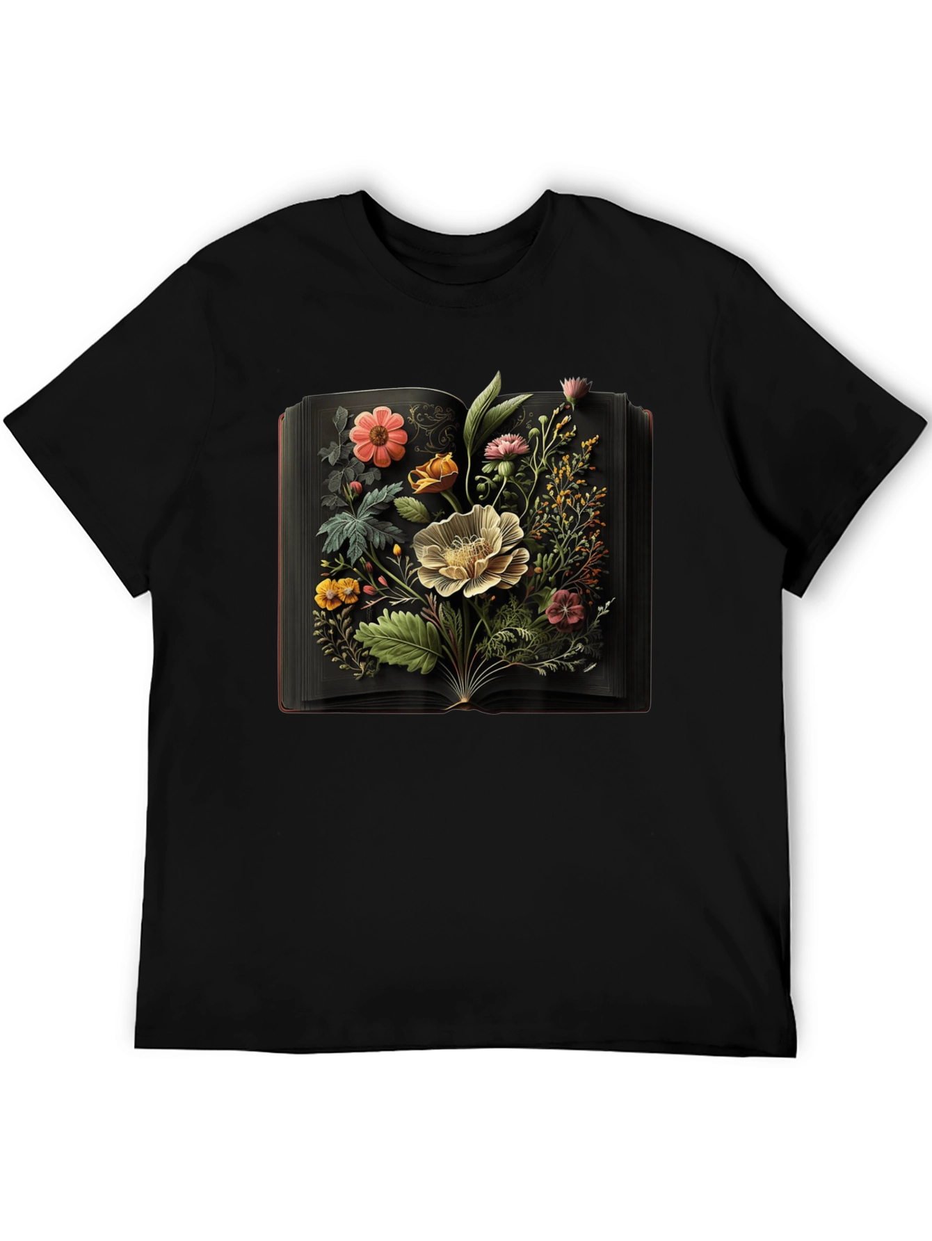 Floral Book T-Shirt: Artistic Black Tee