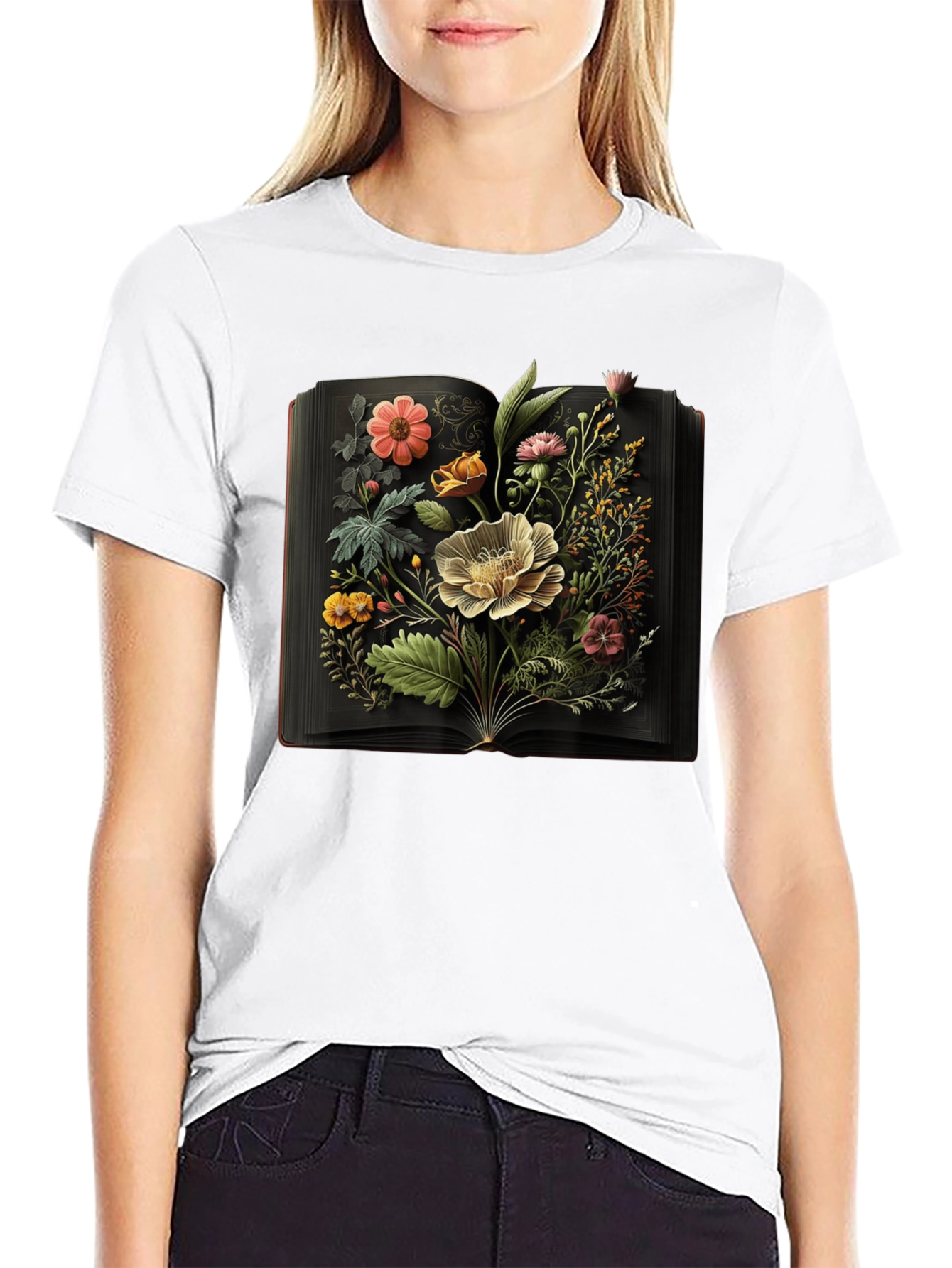 Floral Book T-Shirt: Artistic Black Tee