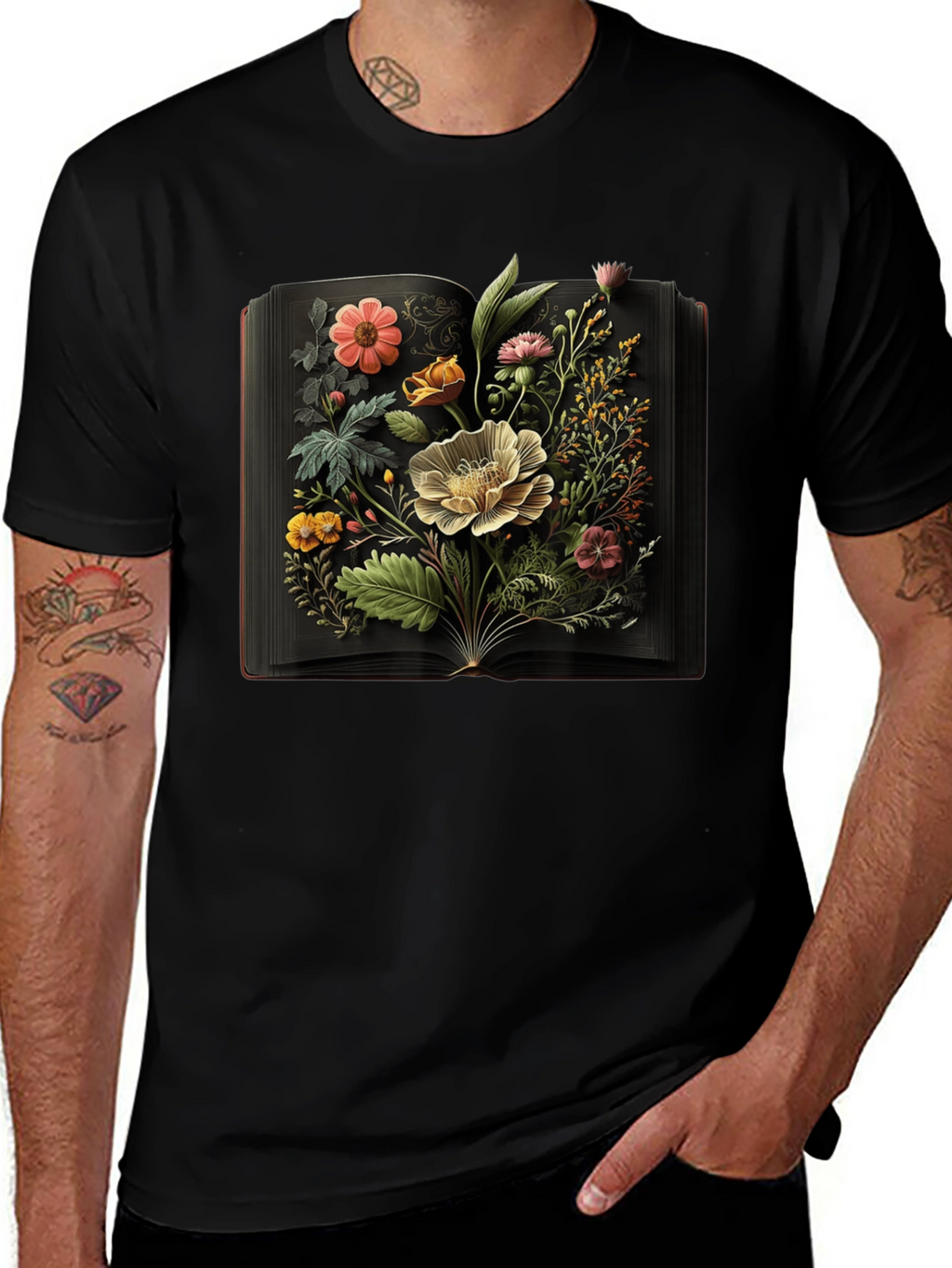 Floral Book T-Shirt: Artistic Black Tee