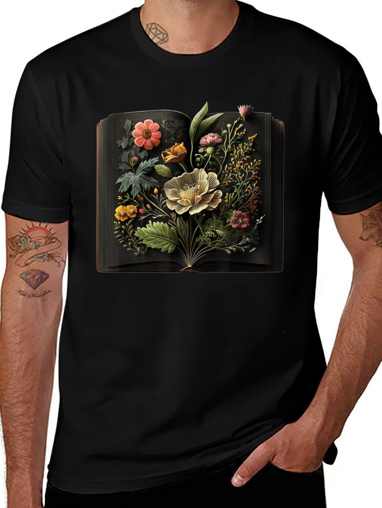 Floral Book T-Shirt: Artistic Black Tee