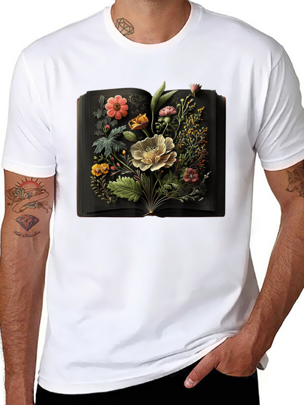 Floral Book T-Shirt: Artistic Black Tee