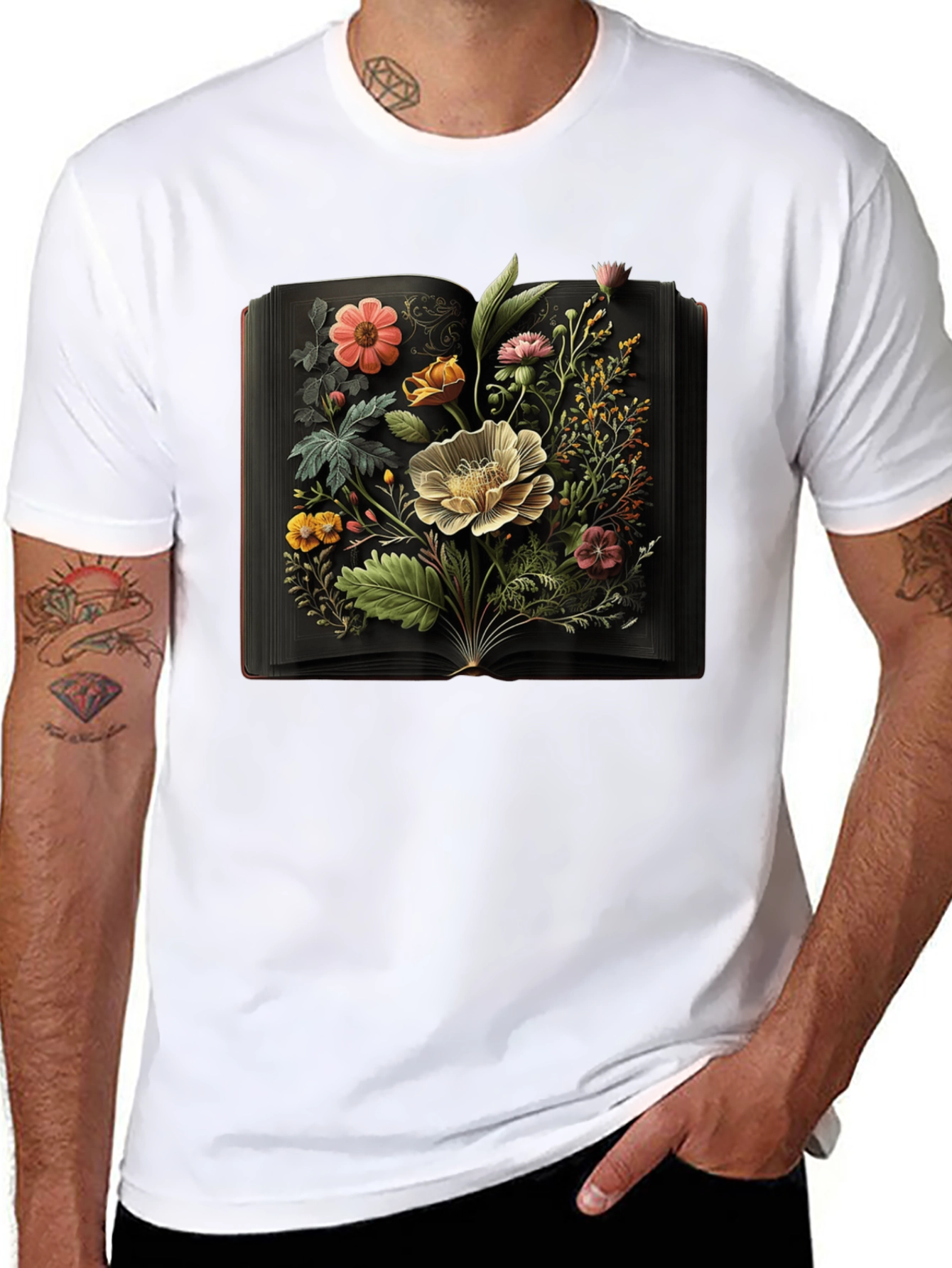Floral Book T-Shirt: Artistic Black Tee