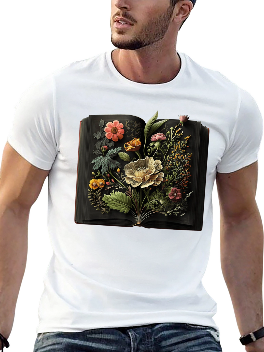 Floral Book T-Shirt: Artistic Black Tee