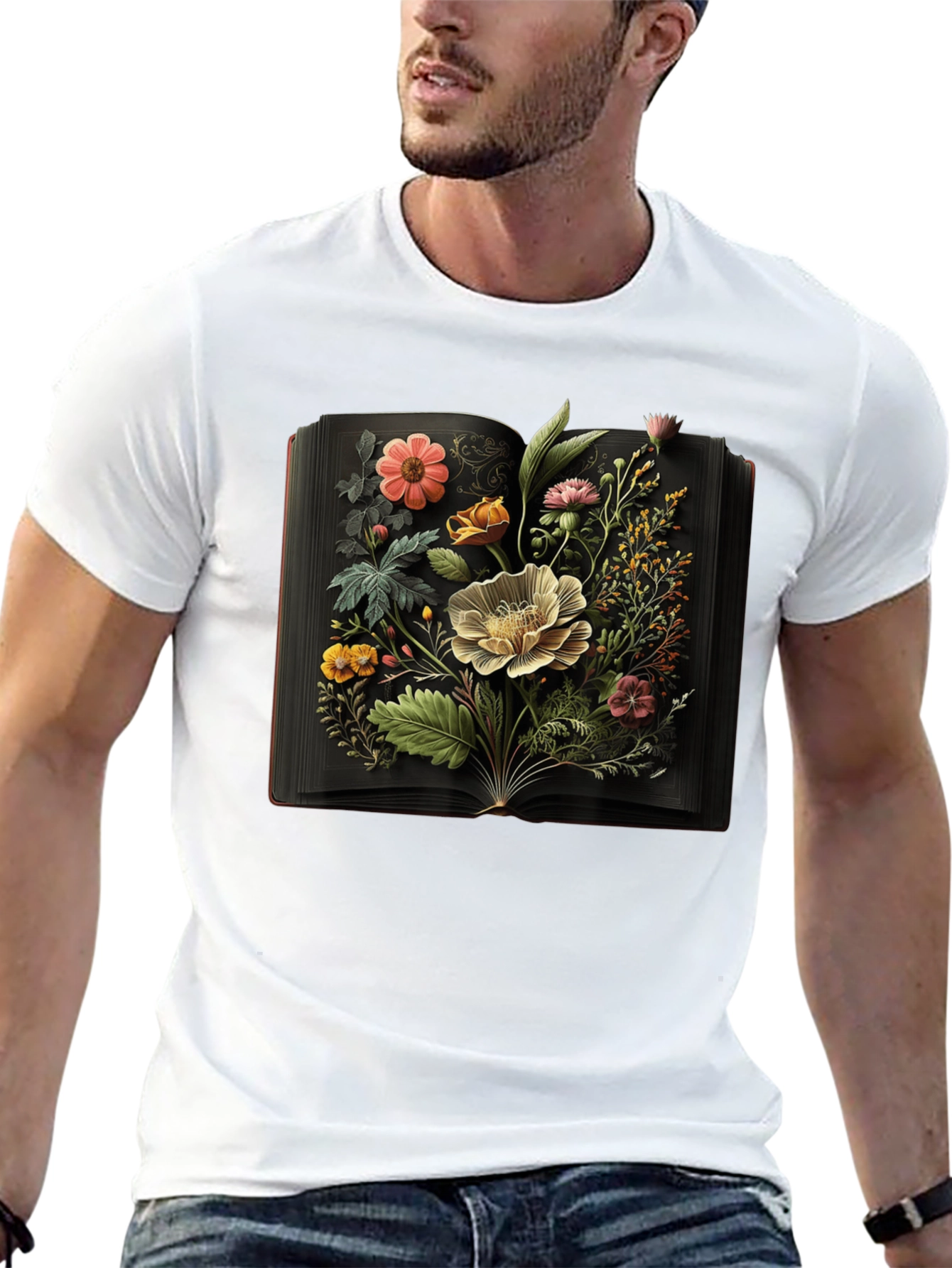 Floral Book T-Shirt: Artistic Black Tee
