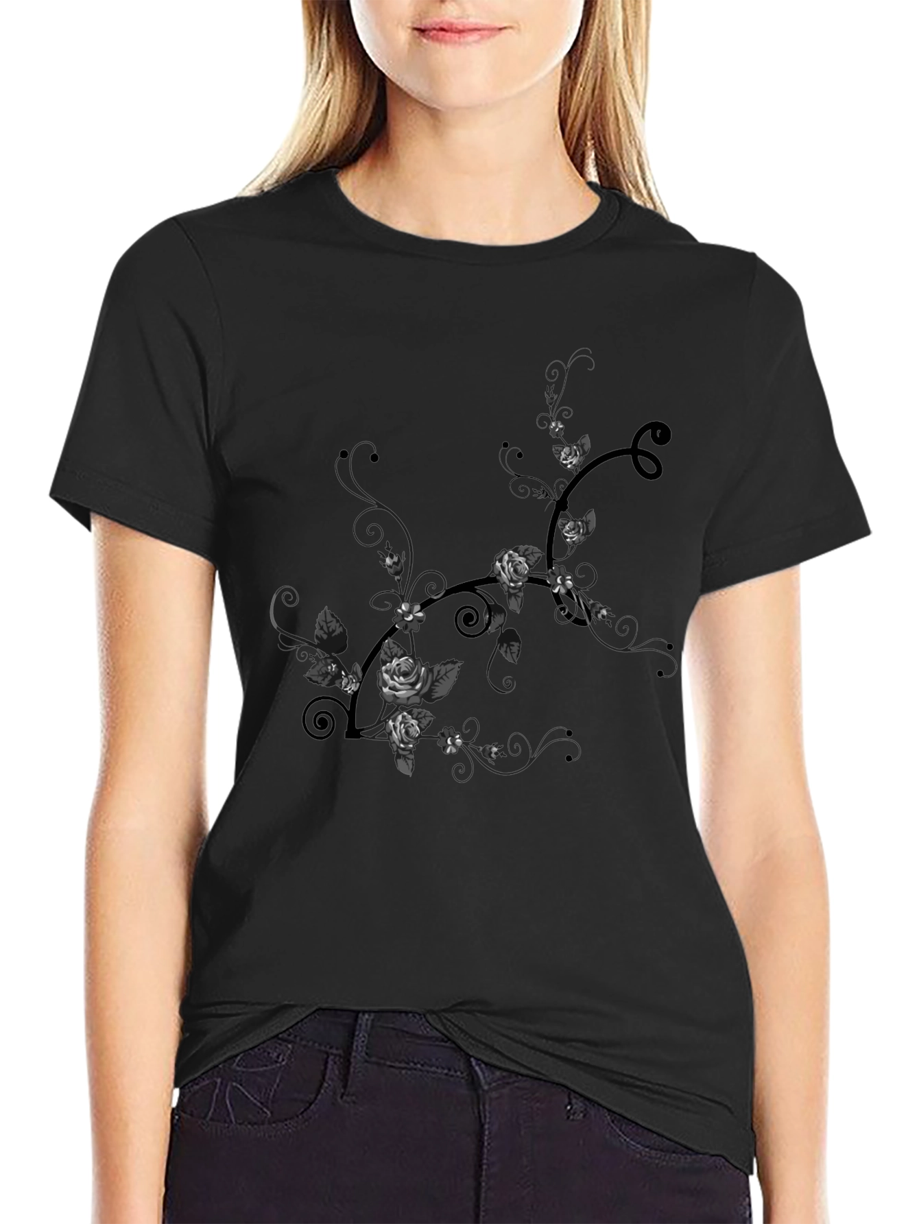 Floral Rose Vine Graphic Tee - Black