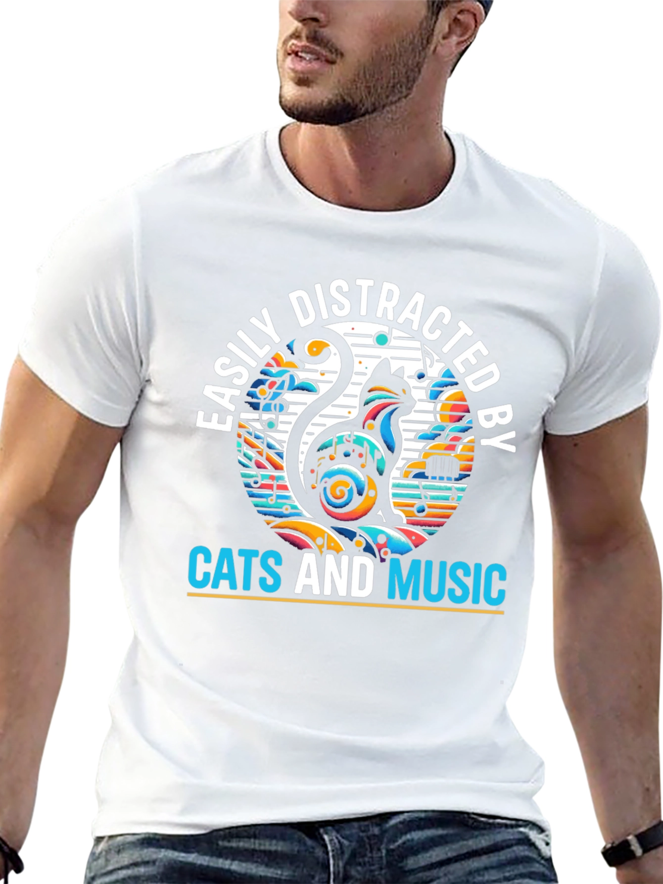Easily Distracted by Cats and Music Black Tee