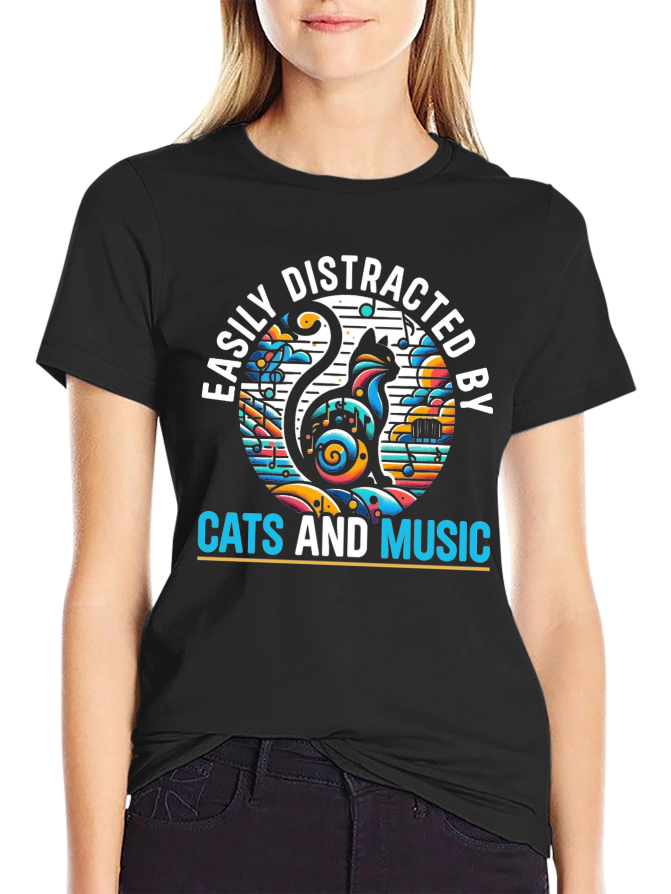 Easily Distracted by Cats and Music Black Tee