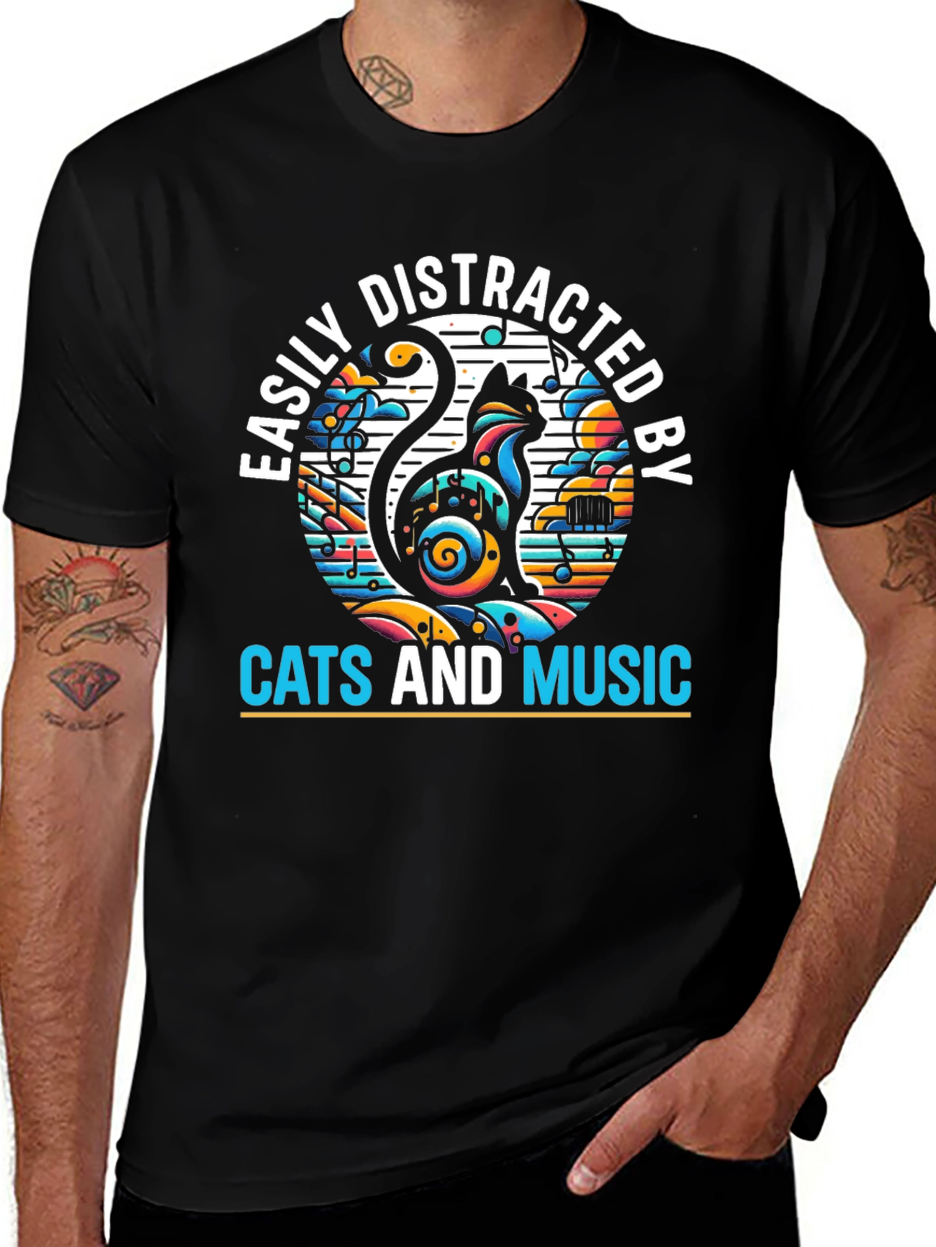 Easily Distracted by Cats and Music Black Tee