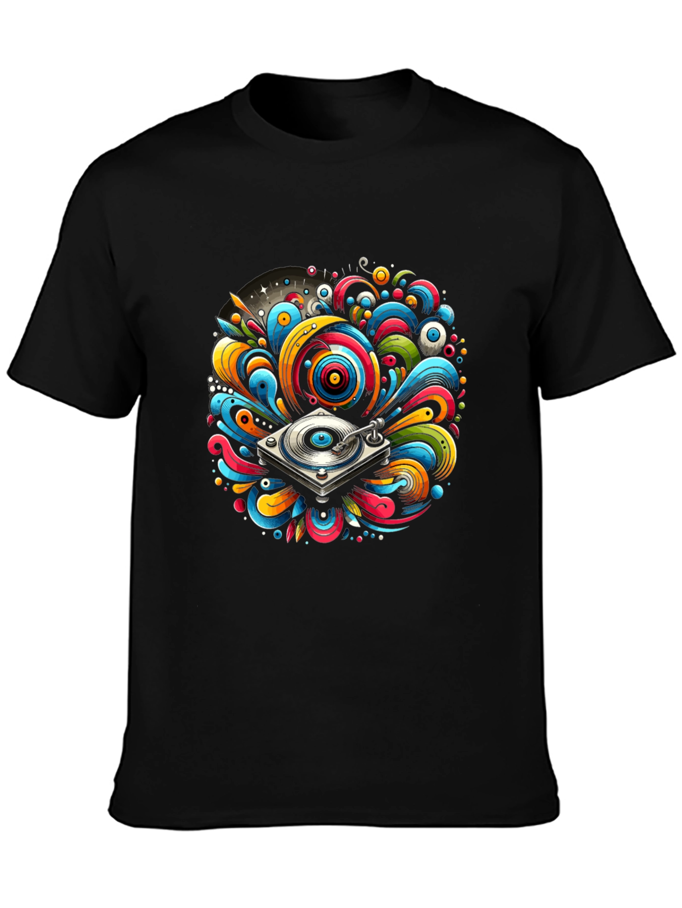 Colorful Turntable Design Black T-Shirt