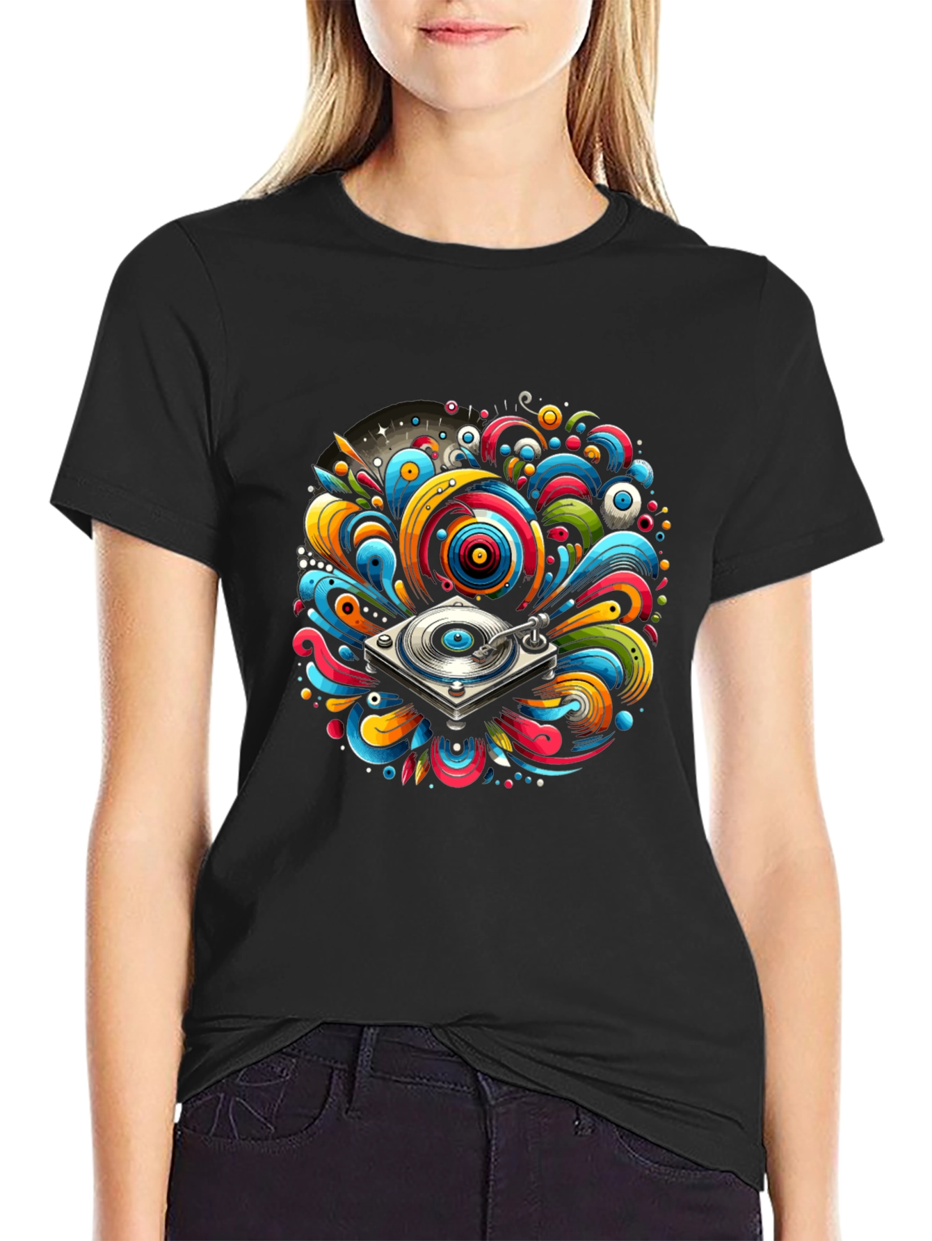 Colorful Turntable Design Black T-Shirt