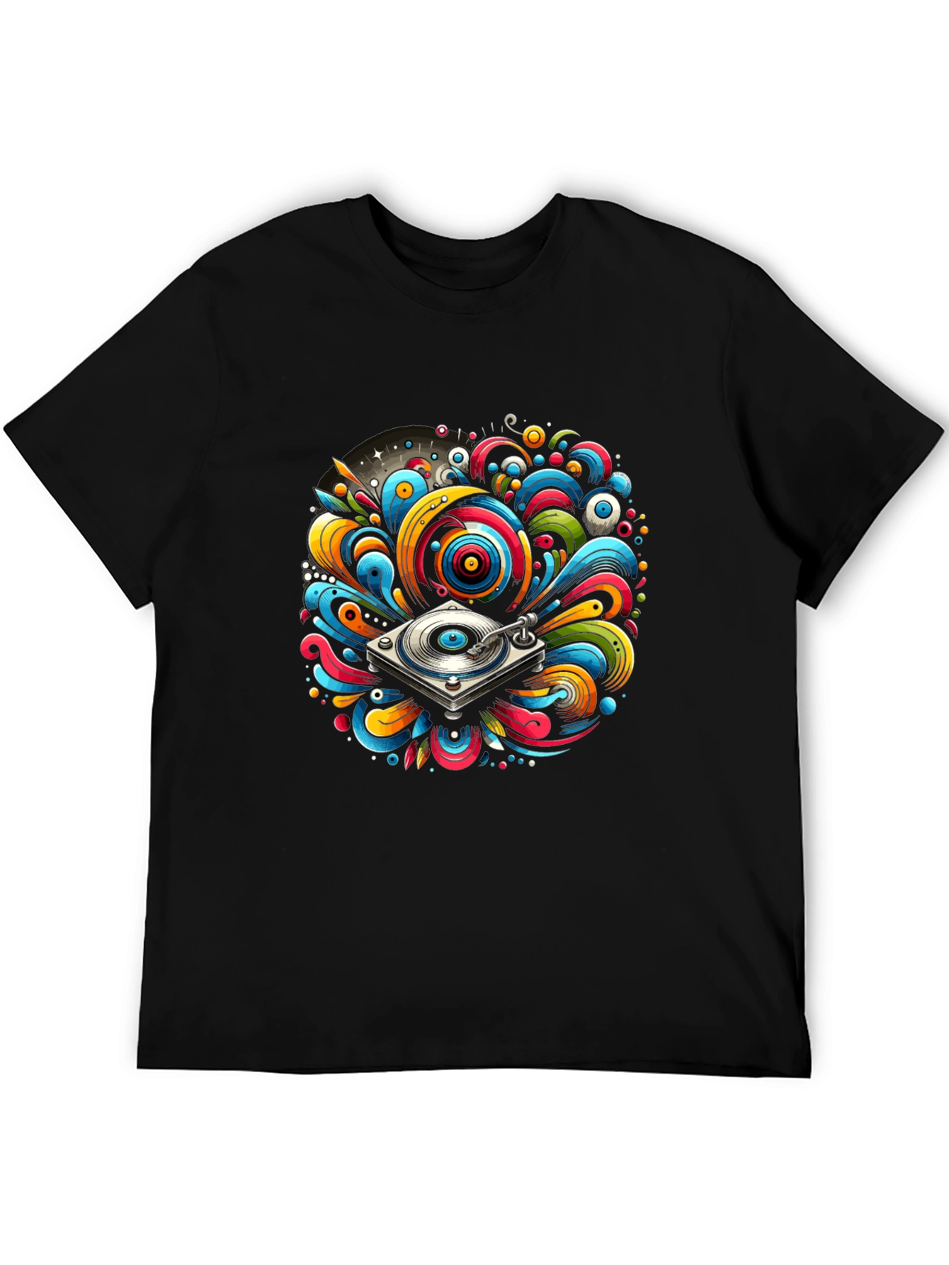 Colorful Turntable Design Black T-Shirt
