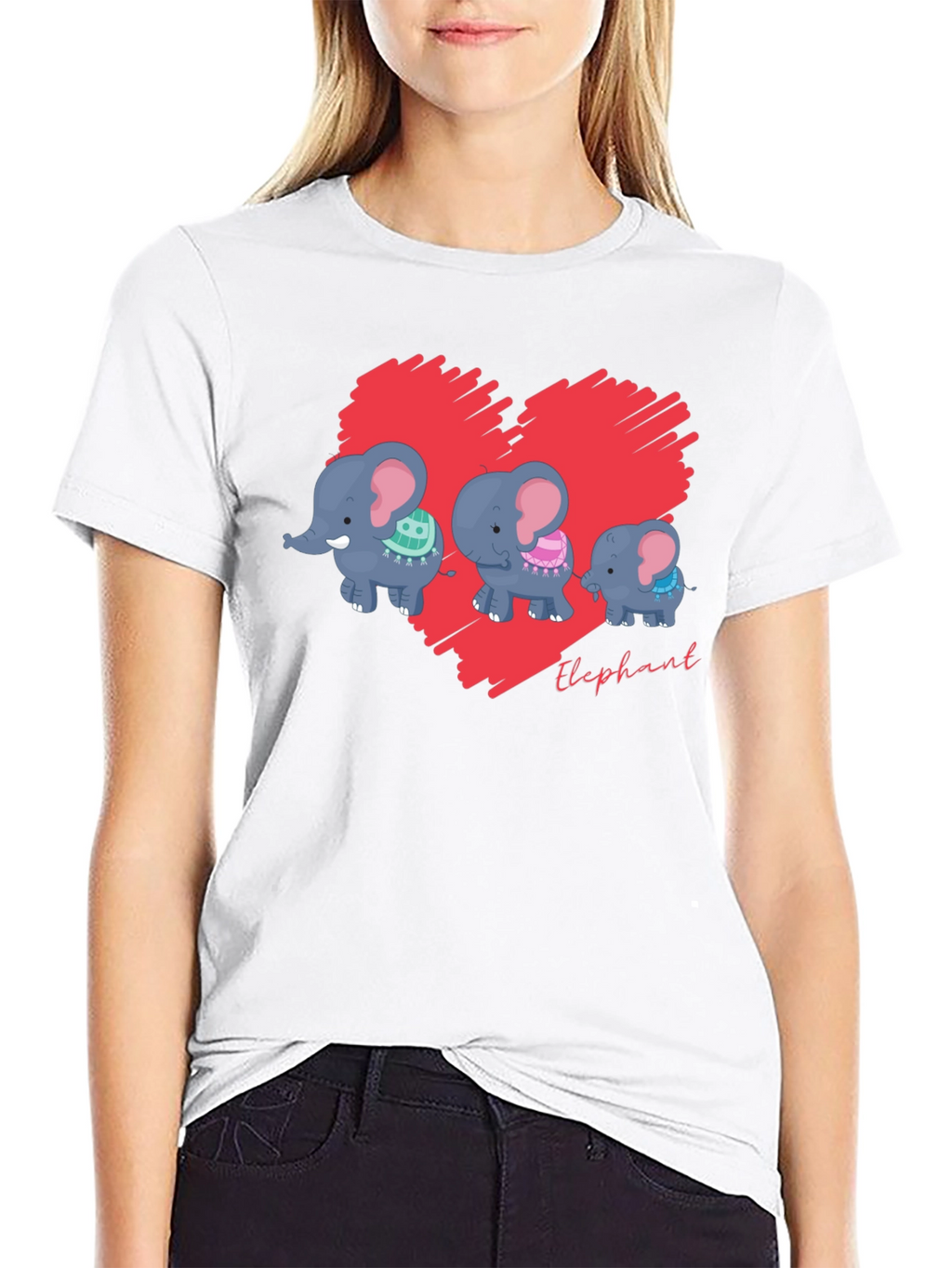 Elephant Family Heart Graphic Black T-Shirt