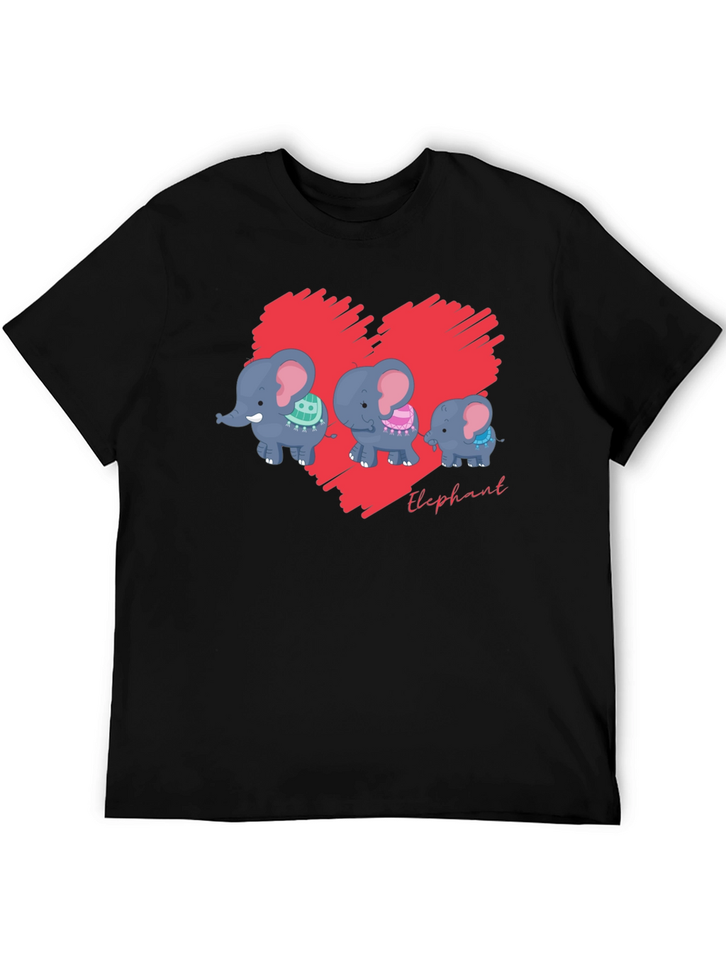 Elephant Family Heart Graphic Black T-Shirt