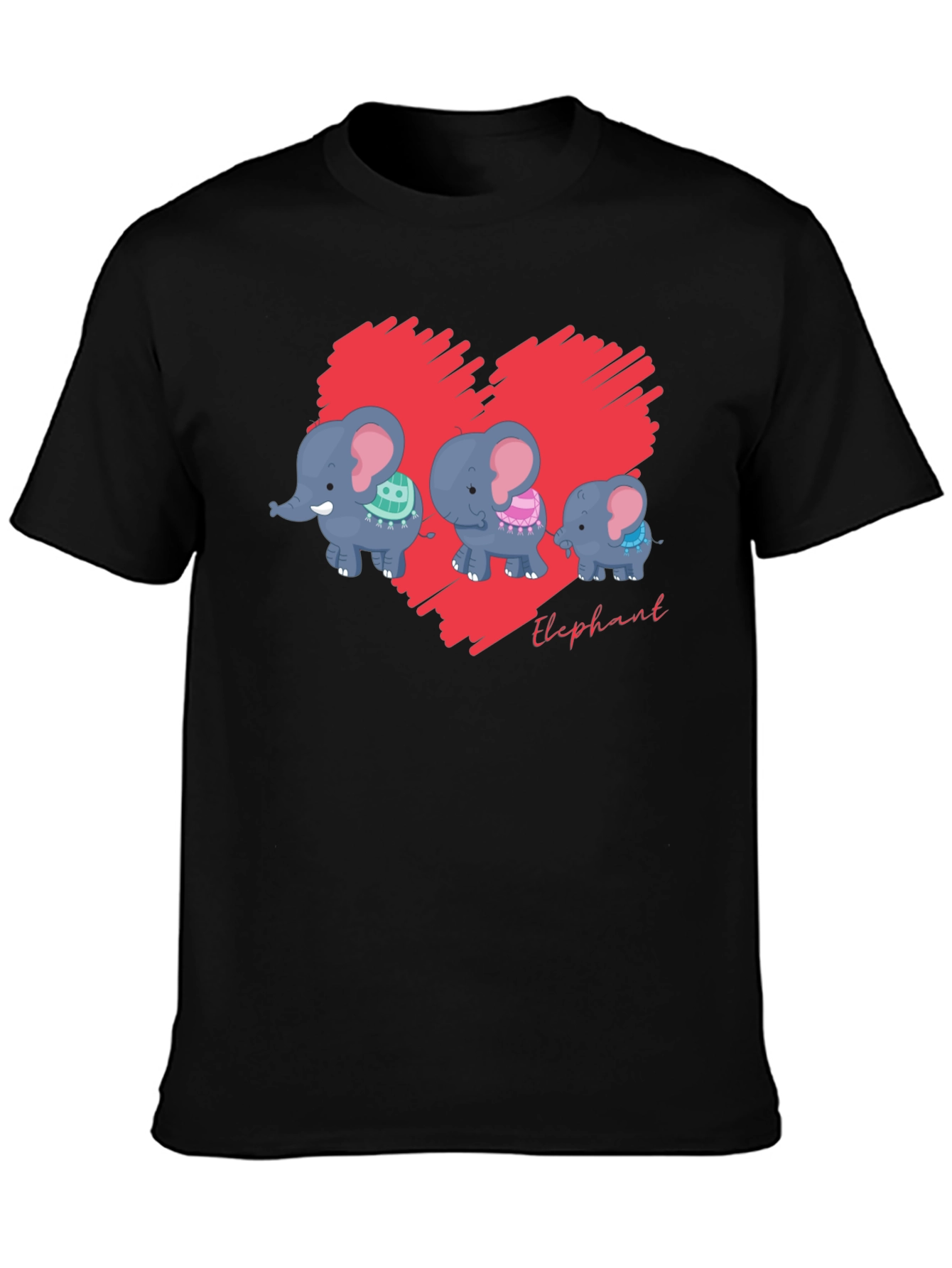 Elephant Family Heart Graphic Black T-Shirt
