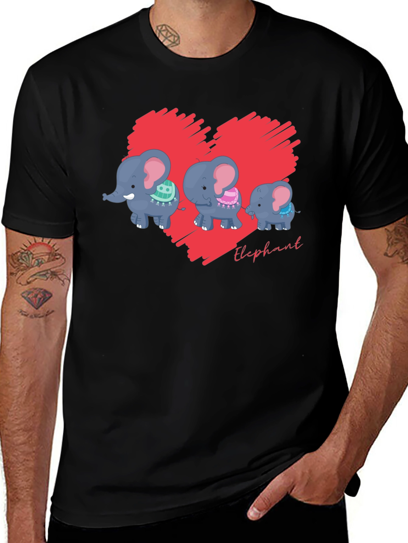 Elephant Family Heart Graphic Black T-Shirt