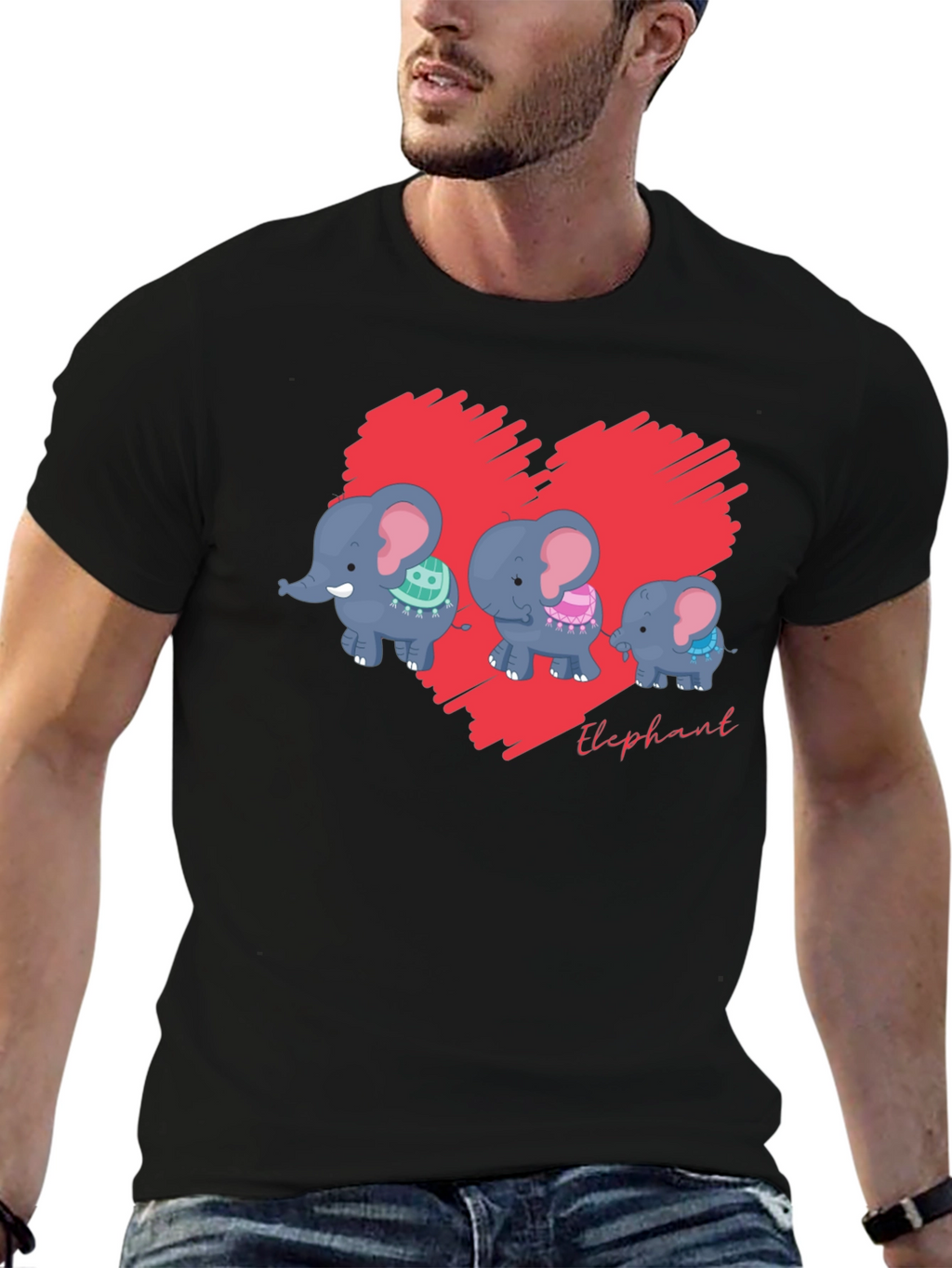 Elephant Family Heart Graphic Black T-Shirt