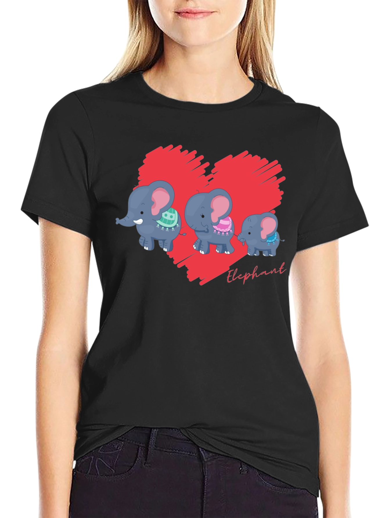 Elephant Family Heart Graphic Black T-Shirt